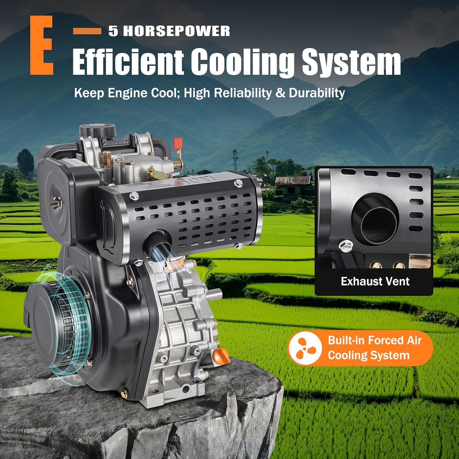 4 Stroke Diesel Engine 247CC 5HP Diesel Motor 3.6KW Single Cylinder Vertical Engine Diesel Engine Motor with Air Cooled System & Hand Start Mode for Water Pumps, Micro Tillers | US Stock