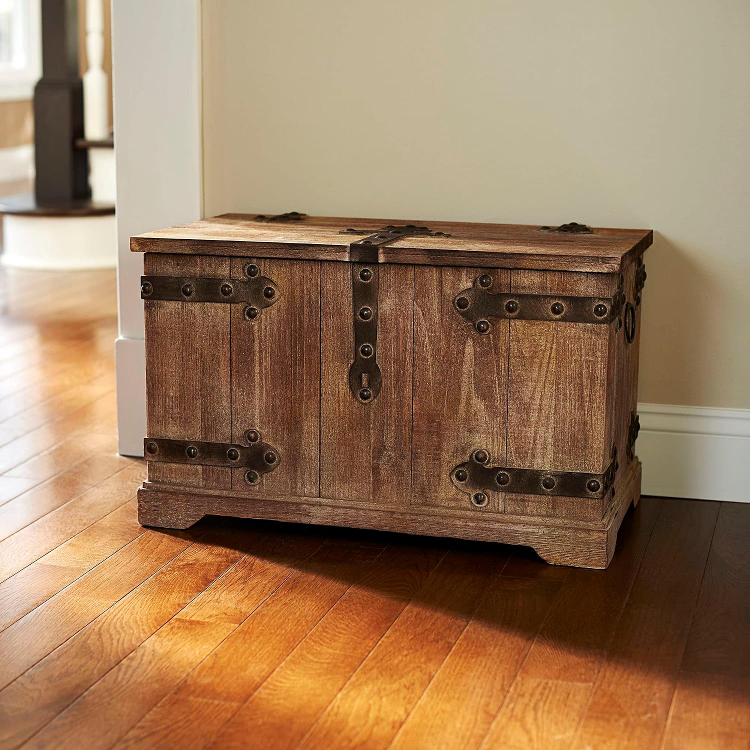 Household Essentials Victorian Style Decorative Trunk in Chinese Fir Wood with Metal Accents, Natural, Set of 2