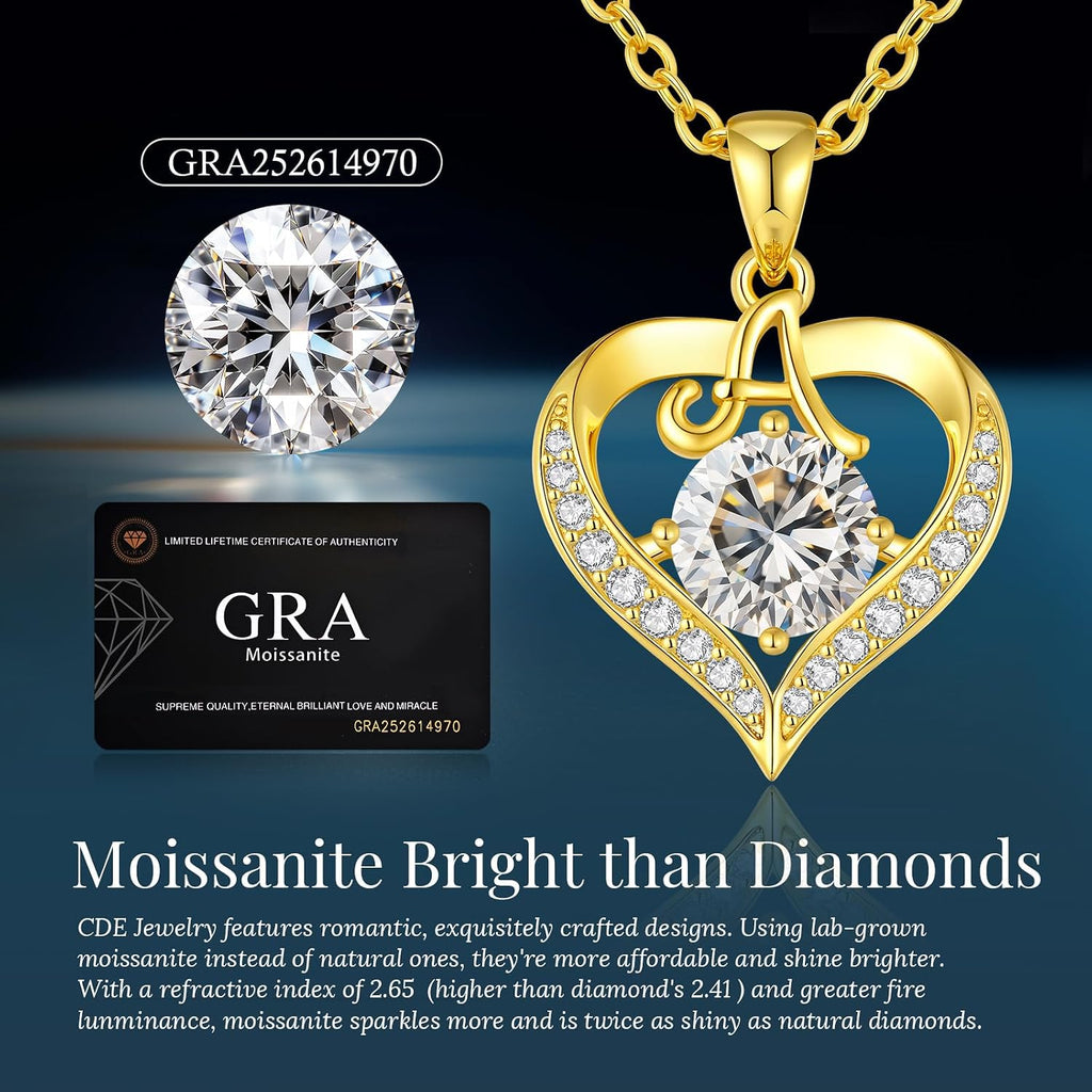 CDE 18K Gold Plated Initial Love Heart 2 Carat Moissanite Necklaces for Women 925 Sterling Silver Jewelry Christmas Anniversary Birthday Present Gifts for Wife Lady Girlfriend Her
