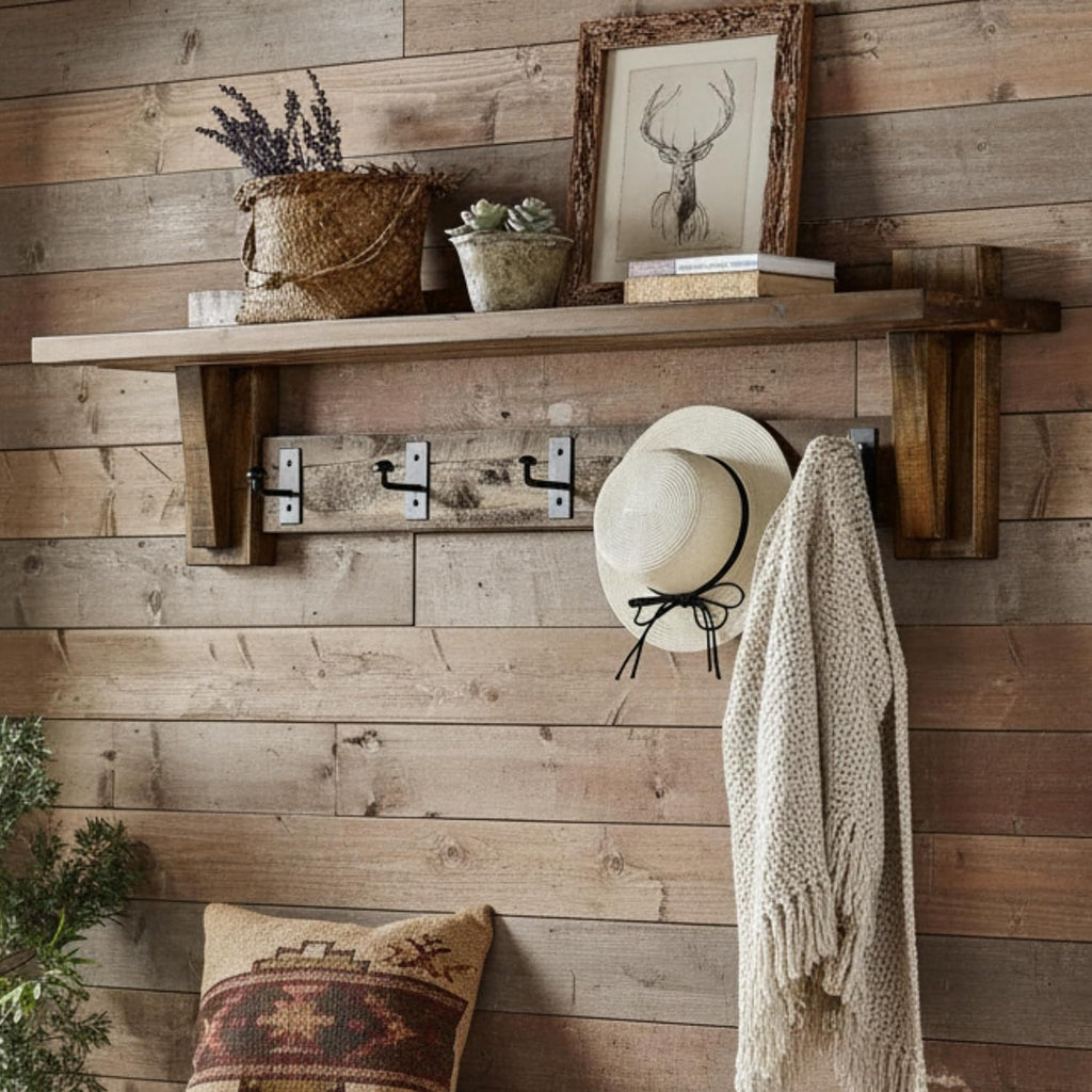 Durango Industrial Wood Coat Hook Entryway Shelf, Home Storage, Accent Furniture, Living Room Furniture, Rustic, Farmhouse, Industrial, Solid Wood