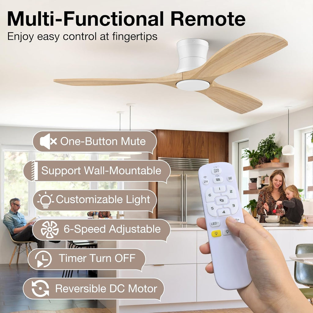 52' Wood Ceiling Fans with Lights Remote,Low Profile Flush Mount Ceiling Fan with Light,Outdoor Indoor Modern Ceiling fans for Bedroom Living room Patio,Light Wood&White,3 Blades,Dimmable LED,Quiet