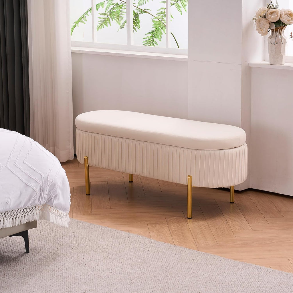 Velvet Storage Bench for Bedroom Upholstered End of Bed Bench Modern Ottoman with Gold Legs for Living Room/Window/Entryway (Ivory White, Oval-45.5' W)