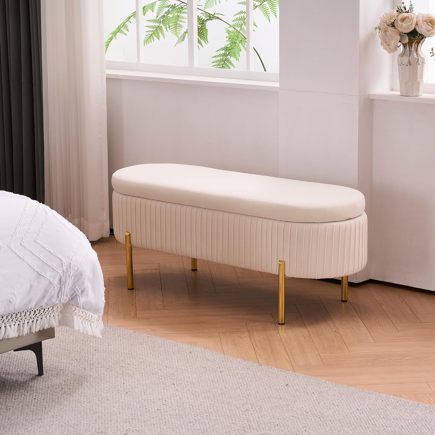 Velvet Storage Bench for Bedroom Upholstered End of Bed Bench Modern Ottoman with Gold Legs for Living Room/Window/Entryway (Ivory White, Oval-45.5' W)