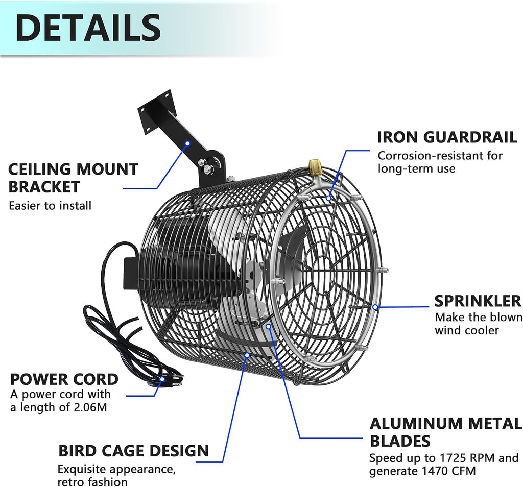 Greenhouse Air Circulation Fan with Mist and Water Pipe 1/10 HP 115V Ceiling Wall Mount Fan High Speed Circulation for Greenhouse, Warehouse, Patio, Garage 1470CFM, 15000BTU, ETL Listed