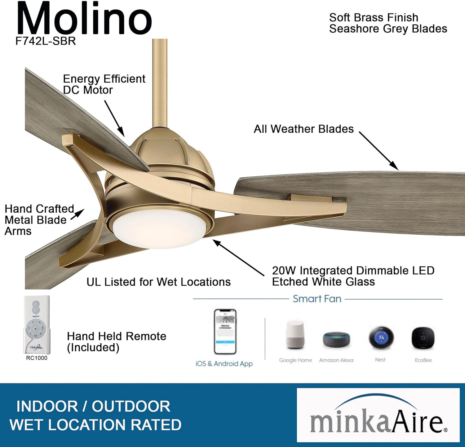 Minka-Aire F742L-SBR Molino Led 65' Outdoor Ceiling Fan with LED Lights & Remote, Soft Brass
