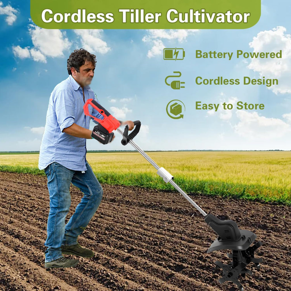 Cordless Tiller Cultivator, Electric Rototiller, Portable Garden Cultivator, 21v Battery Powered Rotary Tilling Tool, with 4/6Ah Batteries & Charger, for Lawn, Farm, Gardening,6Ah