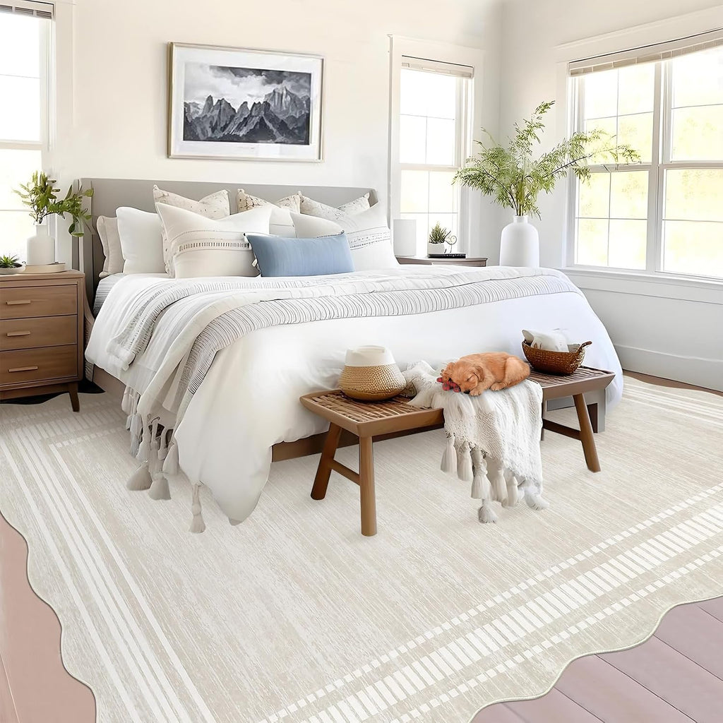 GarveeHome Scalloped 9x12 Area Rugs for Living Room Non-Slip, Modern Neutral Washable Rugs for Bedroom Large Solid Farmhouse Rug Bordered Carpet for Apartment Table Dorm Nursery, Cream 9x12