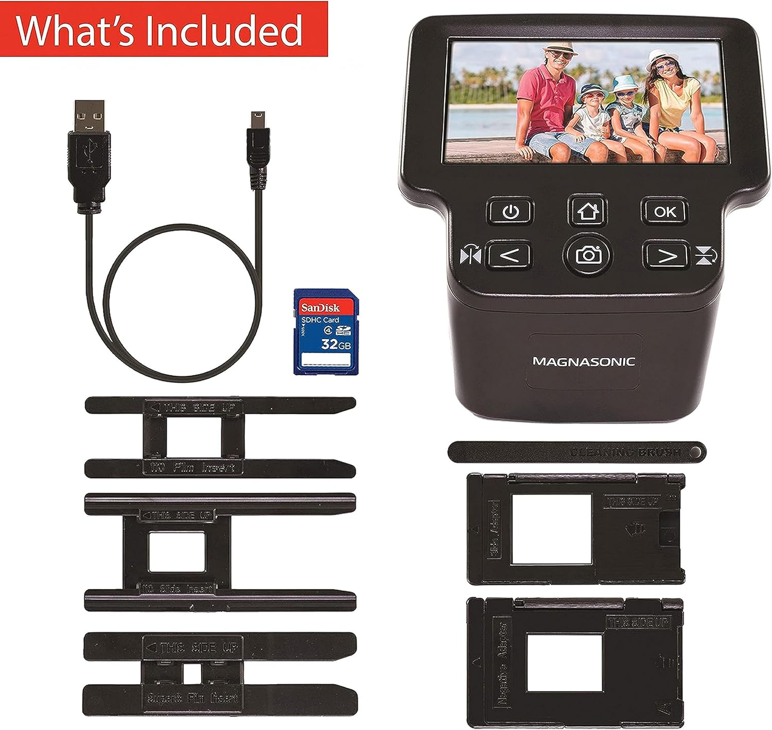 Magnasonic All-in-One 24MP Film Scanner with Large 5' Display & HDMI, Converts 35mm/126/110/Super 8 Film & 135/126/110 Slides into Digital Photos, Built-in Memory with Bonus 32GB SD Card (FS71)