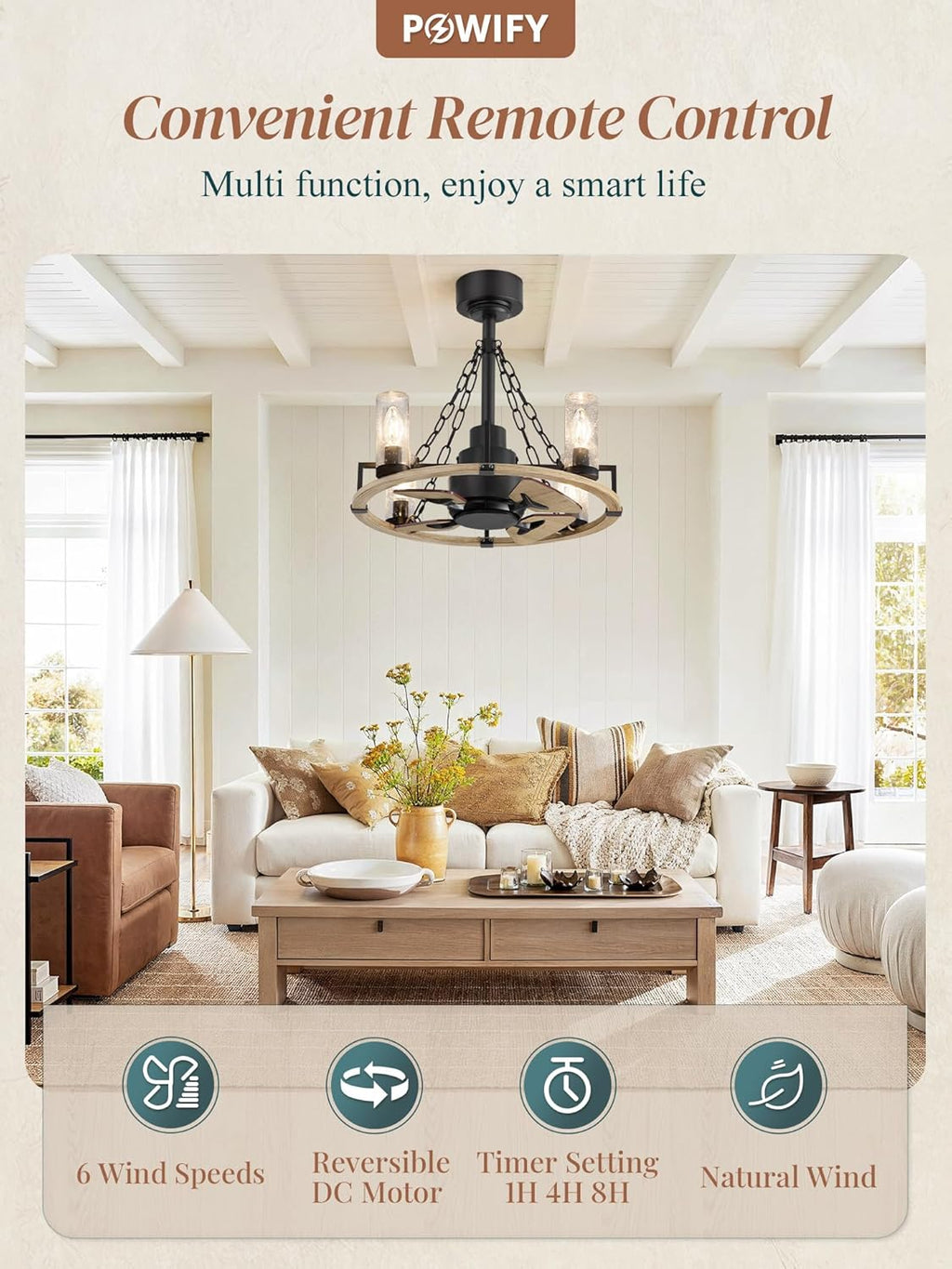 Wagon Wheel Rustic Chandelier Ceiling Fan with Light, 20 inch Farmhouse Caged Ceiling Fans, Quiet Reversible Motor, Dual Finish Blades, Wood Bladeless Fan Lights Ceiling Fixtures for Bedroom Kitchen