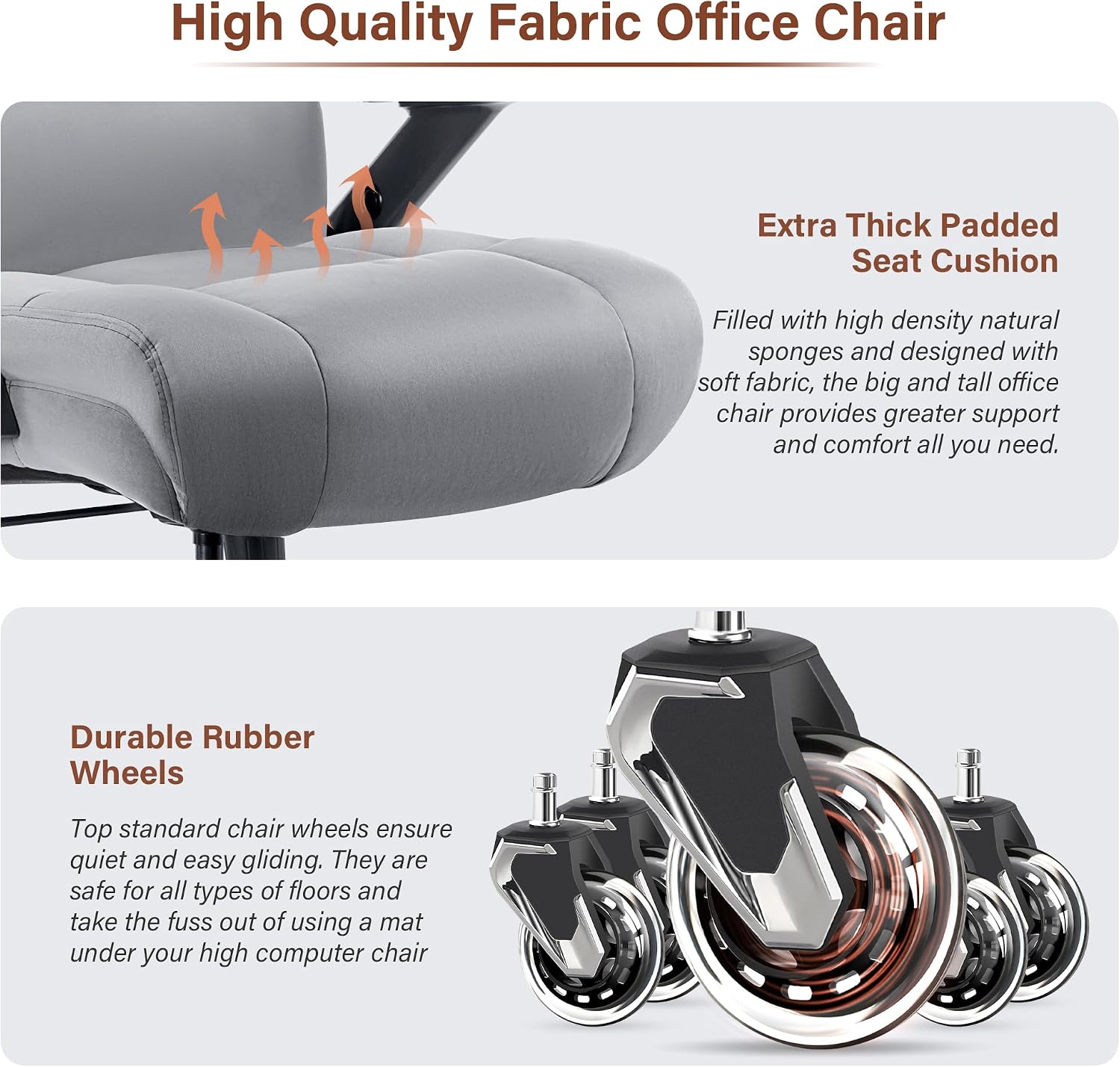 Big and Tall Office Chair 700lbs- Fabric Executive Desk Chair with Adjustable Lumbar Support 3D Flip UP Arms- Heavy Duty Quiet Wheels Metal Base Ultra-Soft Upholstered Ergonomic Computer Chairs, Grey