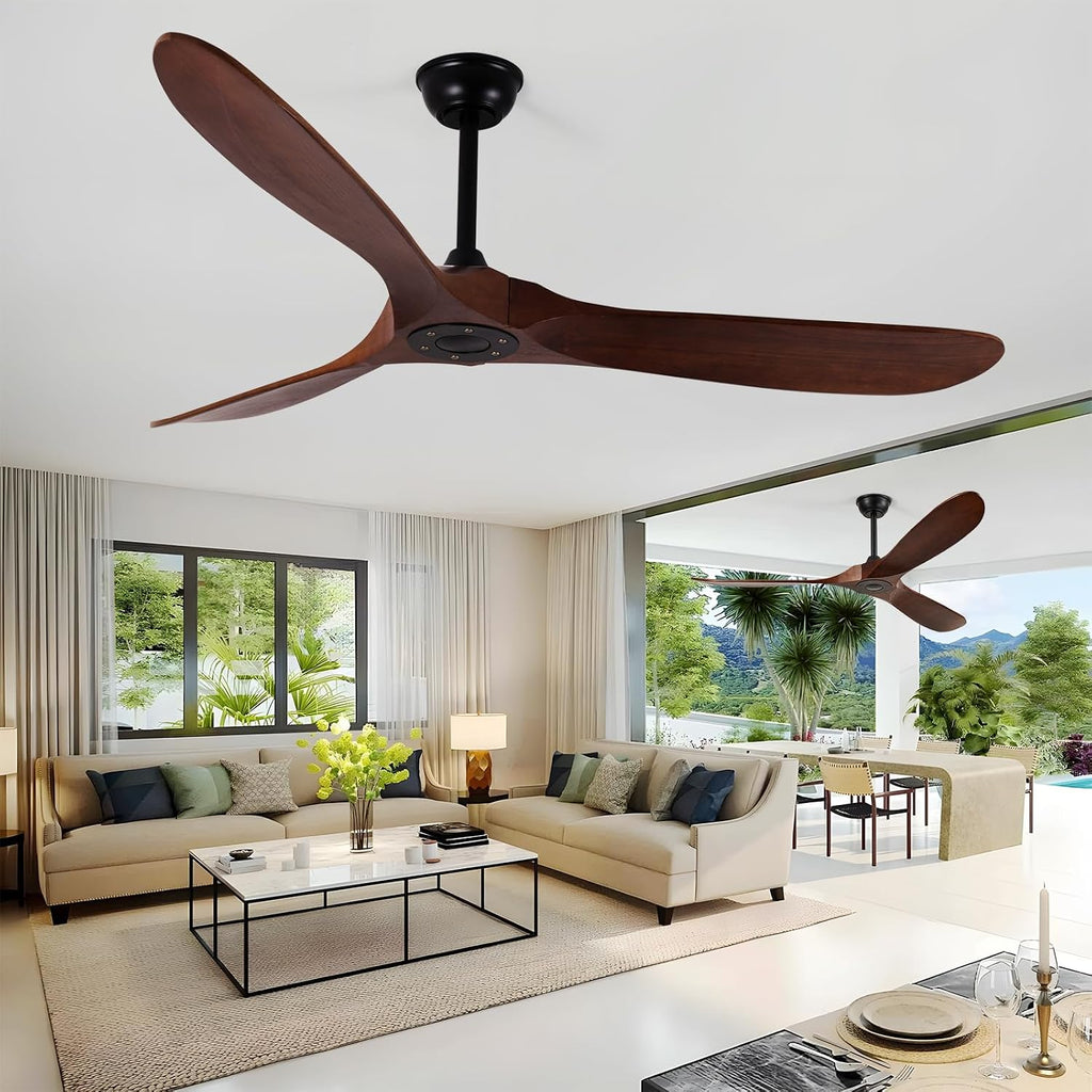 Outdoor Ceiling Fan No Light,Wood Propeller with Large Airflow,Quiet and Speed Memory,60 Inch Ceiling Fan without Light for Living Room,Garage,Porch. (Dark Walnut, 60 inch)