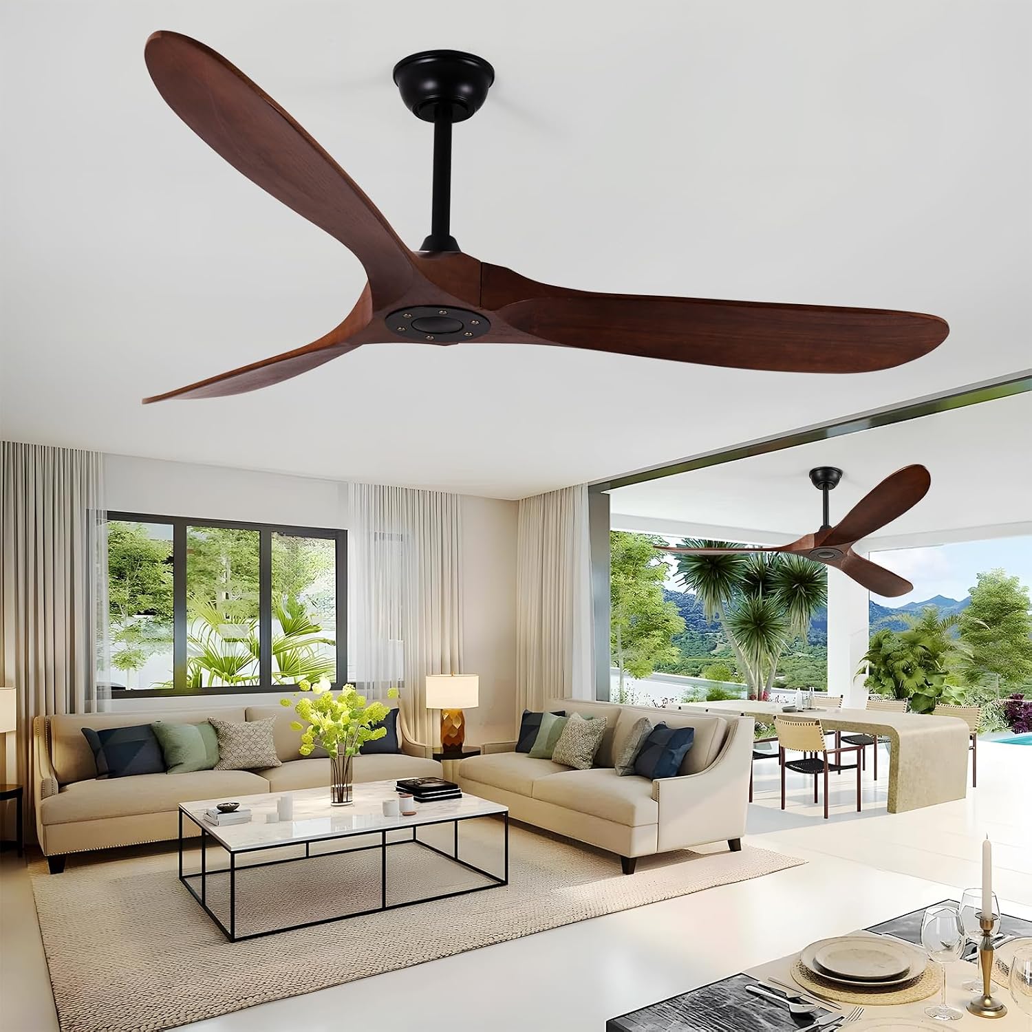 Outdoor Ceiling Fan No Light,Wood Propeller with Large Airflow,Quiet and Speed Memory,60 Inch Ceiling Fan without Light for Living Room,Garage,Porch. (Dark Walnut, 60 inch)