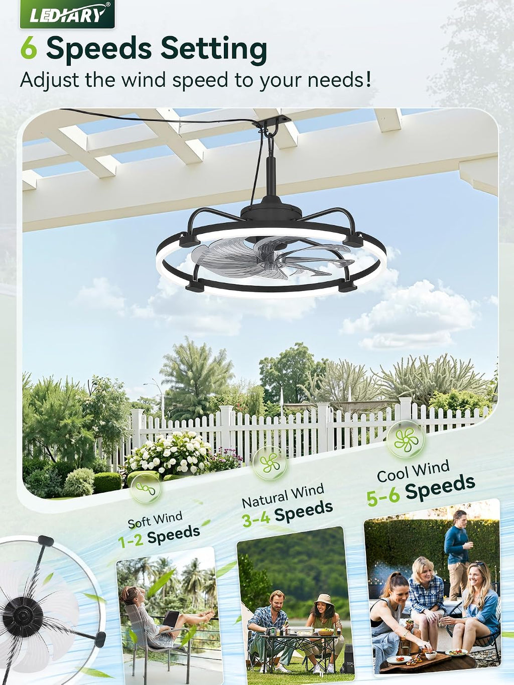 LEDIARY 24' Outdoor Ceiling Fans with Light for Patios, IP65 Waterproof Gazebo Fan, Plug-in Hanging Fan Remote&APP Control, 3CCT Dimmable, 6-Speeds, Caged Ceiling Fan for Gazebo,Patio,Pergola,Porch
