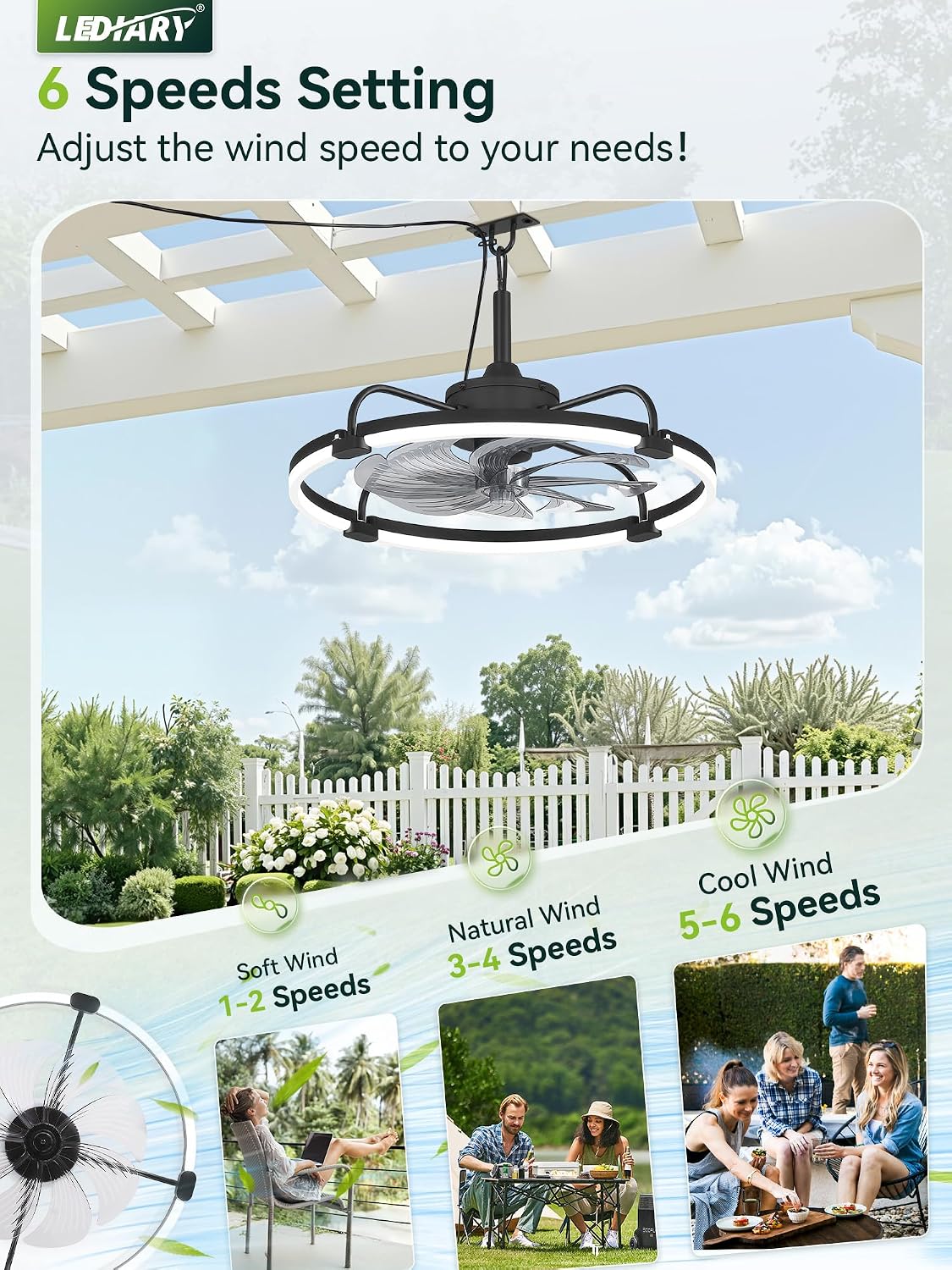 LEDIARY 24' Outdoor Ceiling Fans with Light for Patios, IP65 Waterproof Gazebo Fan, Plug-in Hanging Fan Remote&APP Control, 3CCT Dimmable, 6-Speeds, Caged Ceiling Fan for Gazebo,Patio,Pergola,Porch