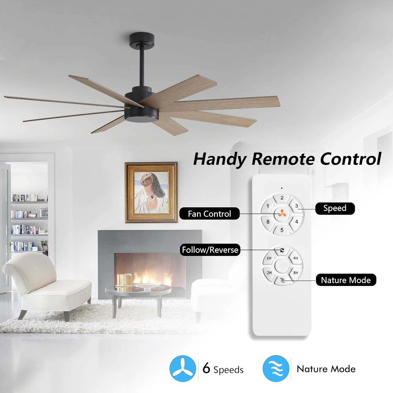 WINGBO 60' Large DC Ceiling Fans without Lights, 3 Downrods, 8 Plywood Blades, 6-Speeds Reversible DC Motor, Indoor Ceiling Fan No Lights for Bedroom Living Room Patio, Black and Gray