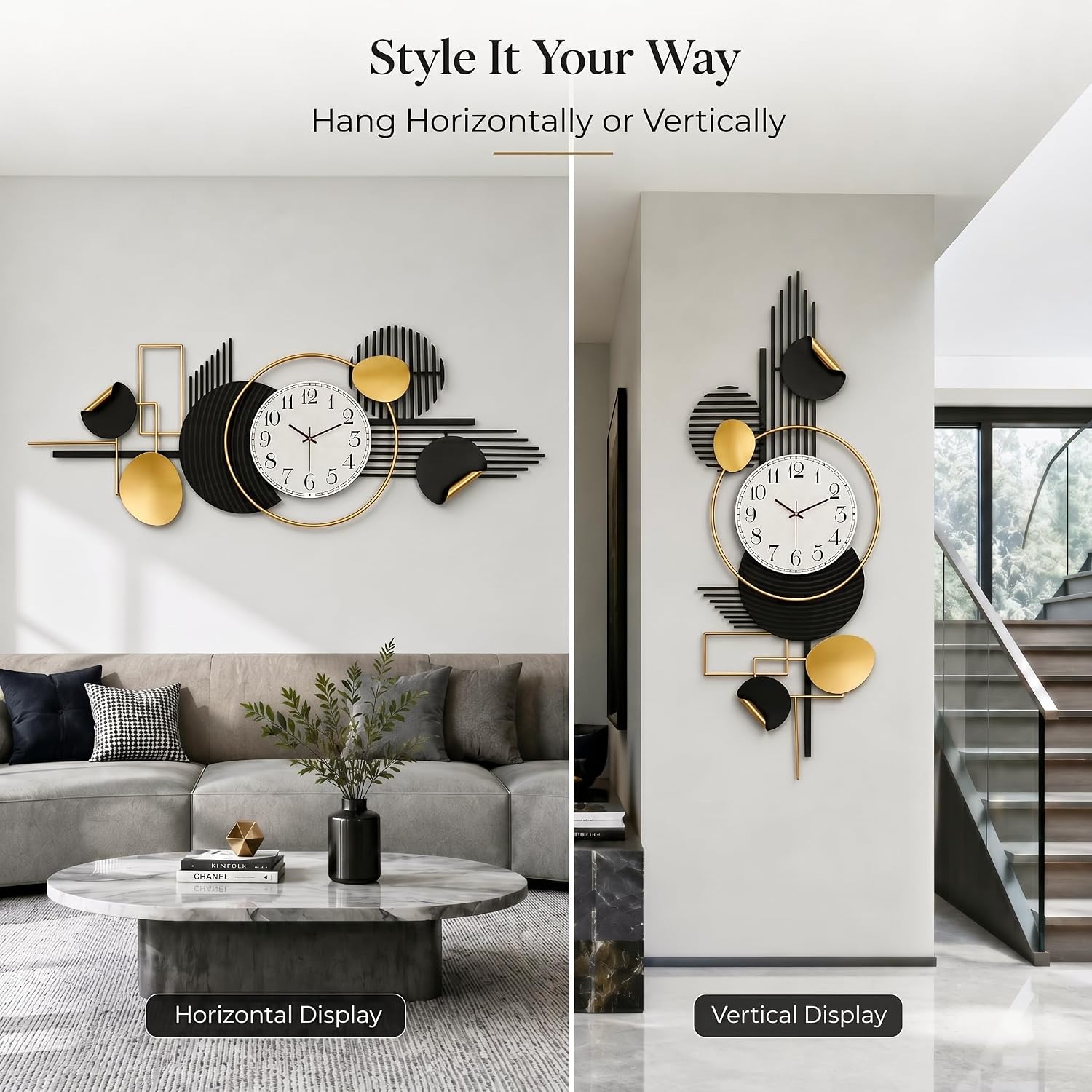 HAVFIFK 59' Large Metal Wall Clock,3D Silent Clock for Living Room | Layered Geometric Design, Easy to Install, Vertical or Horizontal Hanging Wall Art Decor for Bedroom, Dining Room, Office.