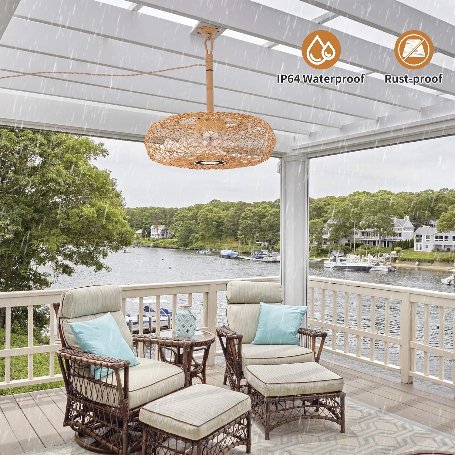 PAZALA 20' Outdoor Gazebo Fan with Light, Plug in Hanging Ceiling Fan for Covered Patio Pergola Porch, Remote & APP Control, 3CCT Dimmable LED, 6-Speed Reversible DC Motor, Brown Woven Caged Boho Fan