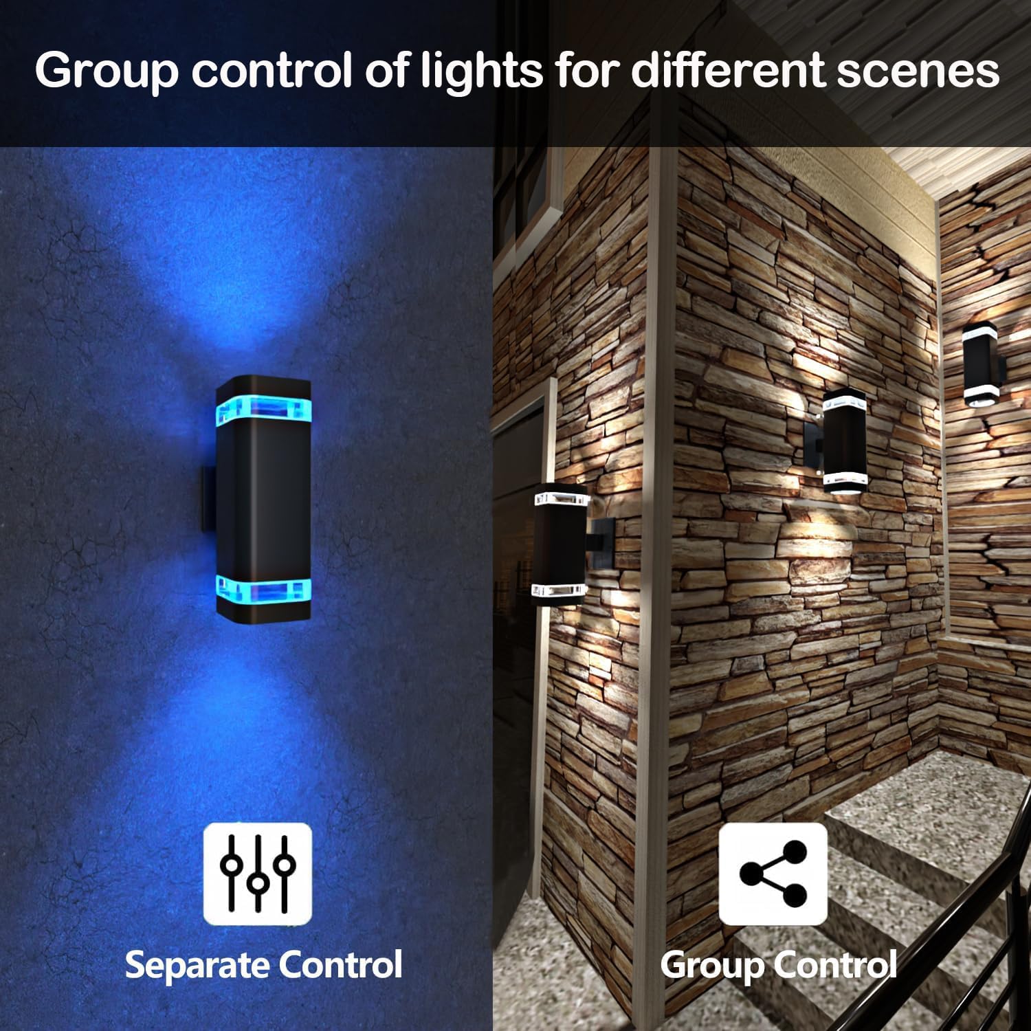 wowlite Smart Up and Down Lights Outdoor 2 Pack, RGBCW Exterior Lighting Fixtures WiFi App Control 2700K-6500K Ambience Wall Sconce Light Color Changing, Black Exterior Lights for House Porch Patio