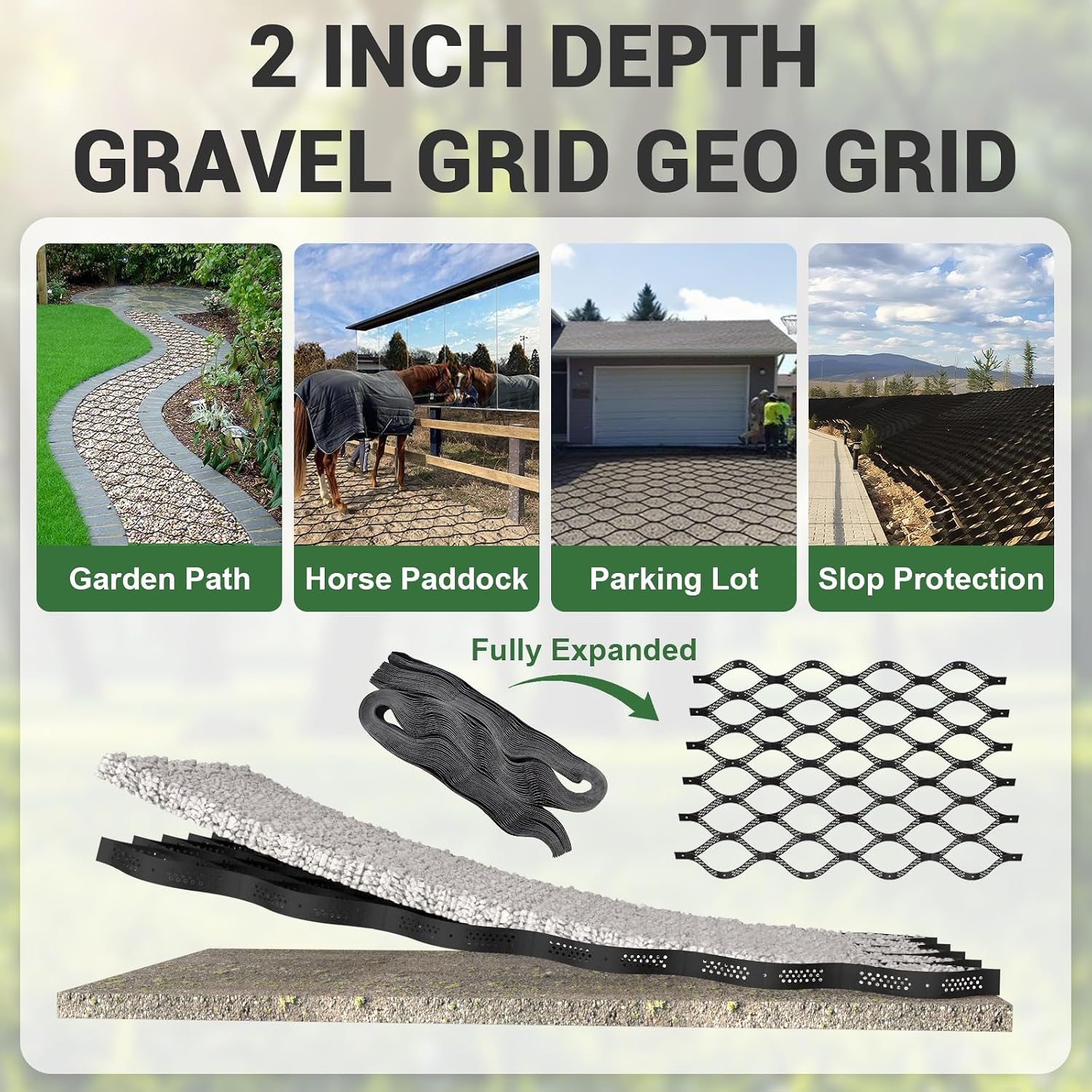 Gravel Grid 4.4x66.5 FT with 50Pcs Landscape Staples, 2'' Thick Geogrid Ground Grid 2200 lbs per Sq Ft Erosion Control Geo Grid for Driveway, Walkway, Horse Paddock, Patio, Parking Lot, Slope
