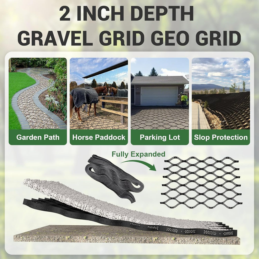 Gravel Grid 9x34 FT with 20Pcs Landscape Staples, 2'' Thick Geogrid Ground Grid 2200 lbs per Sq Ft Erosion Control Geo Grid for Driveway, Walkway, Horse Paddock, Patio, Parking Lot, Slope