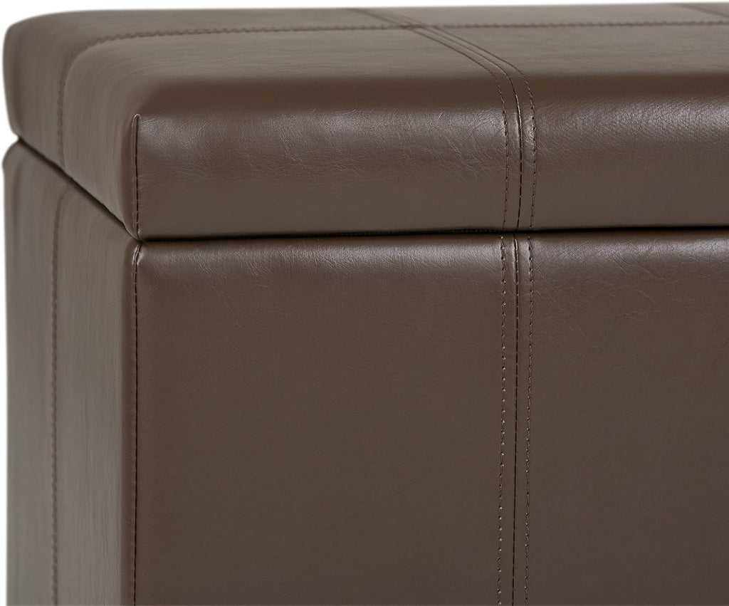 SIMPLIHOME Dover Storage Ottoman Bench - 36 inch Wide Upholstered Vegan Leather Rectangular Lift-Top Ottoman in Chocolate Brown, Contemporary Bench for Living Room with Safety Hinges