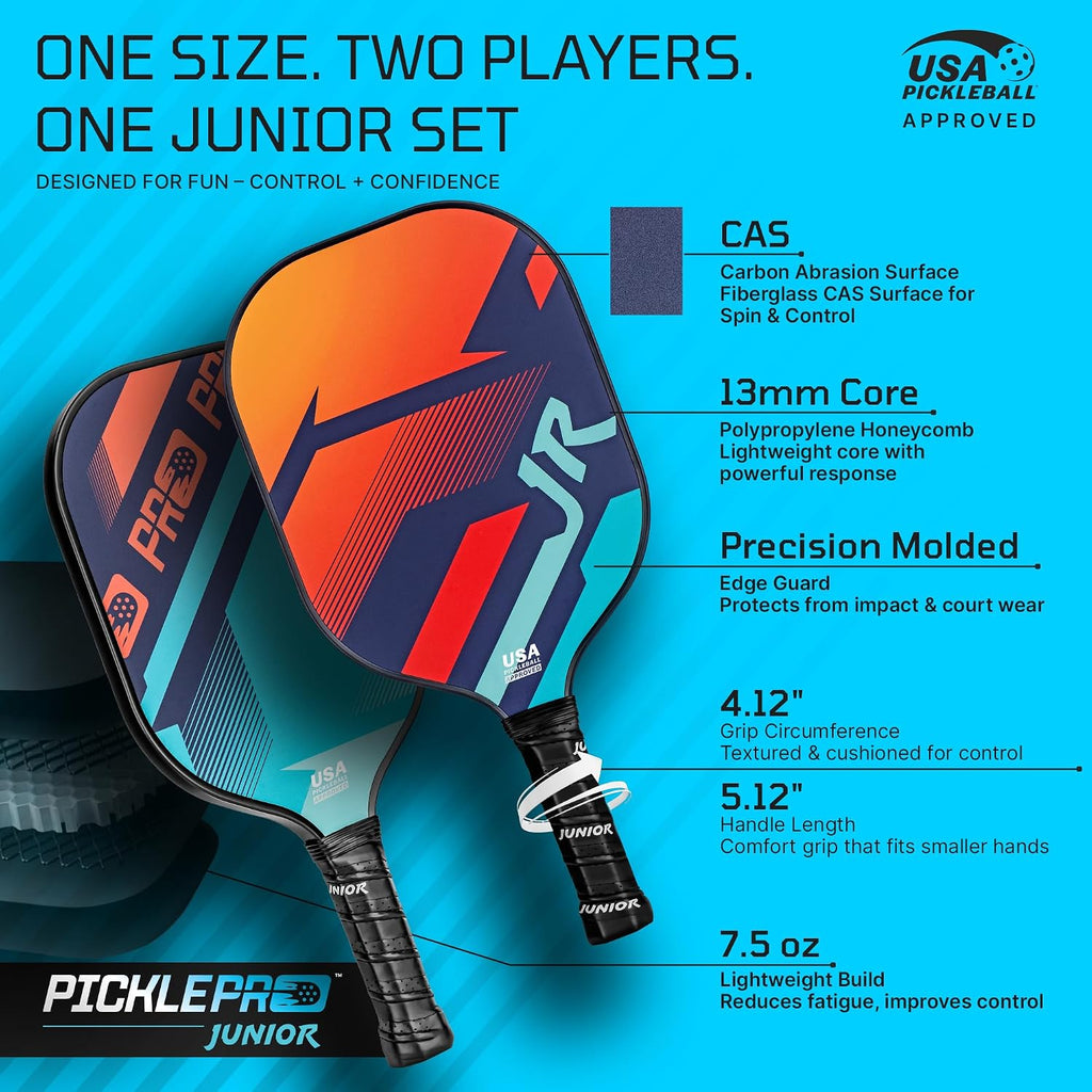 PicklePro Junior - Lab Tested 6+ Complete Pickleball Set with 10ft Net – Includes 4 Junior Paddles, Balls & Bag – USAP Approved Beginner Pickleball Kit