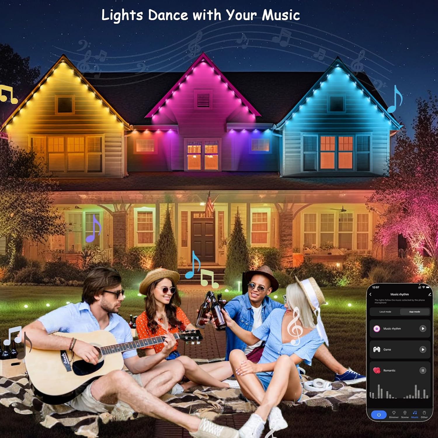 rosykite Permanent Outdoor Christmas Lights for House,100ft Smart RGB+IC Color Eave Lights,Tunable Warm to Cool White 60lm for Daily Lighting,IP67 Waterproof, Alexa Google APP Remote Control