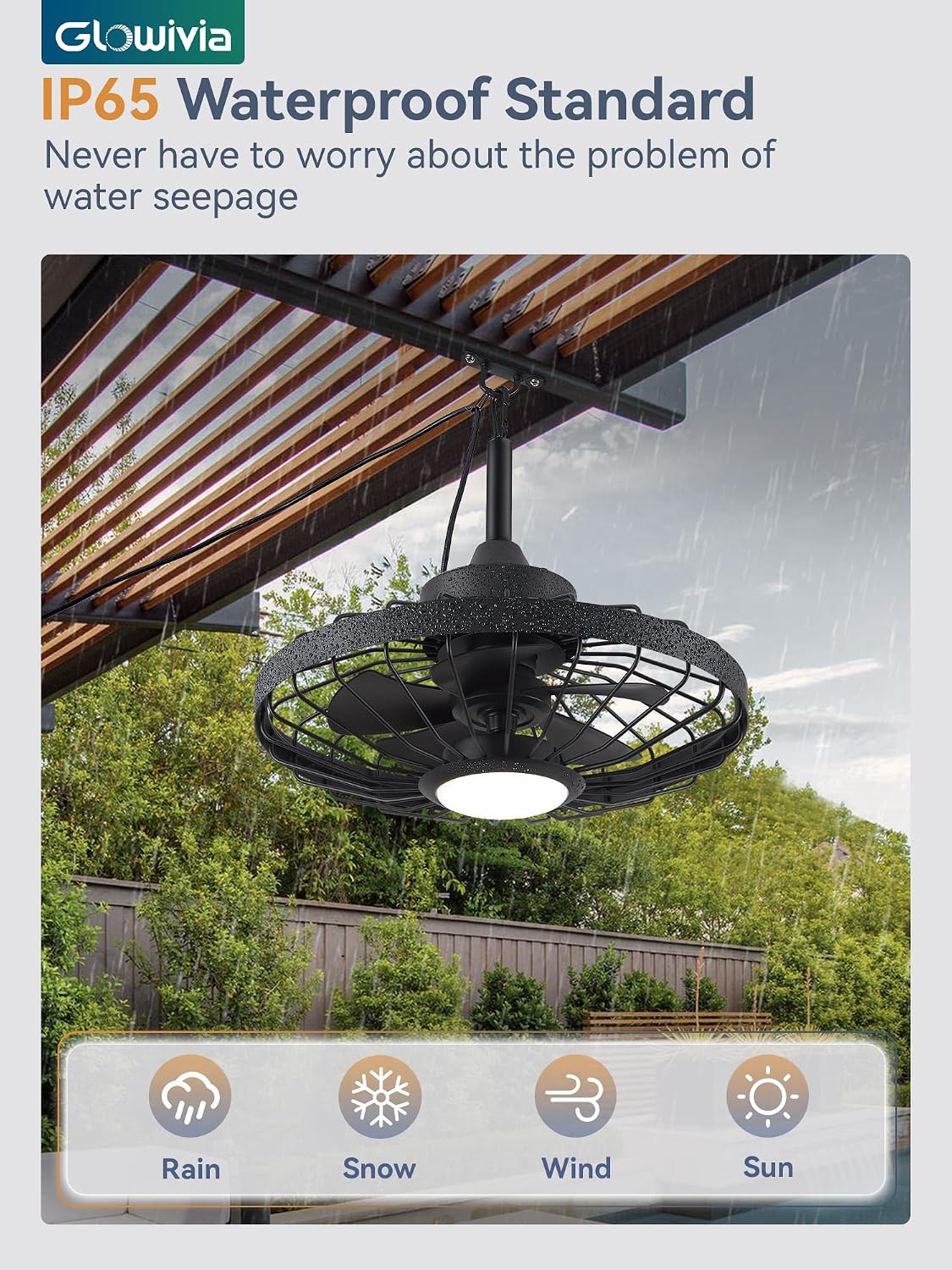 20 Inch Outdoor Ceiling Fan with Light and Remote - IP65 Waterproof, 3-Color LED (3000K-6000K), 16.5ft Cord, Hanging Hook - Black - for Patio, Gazebo, Porch