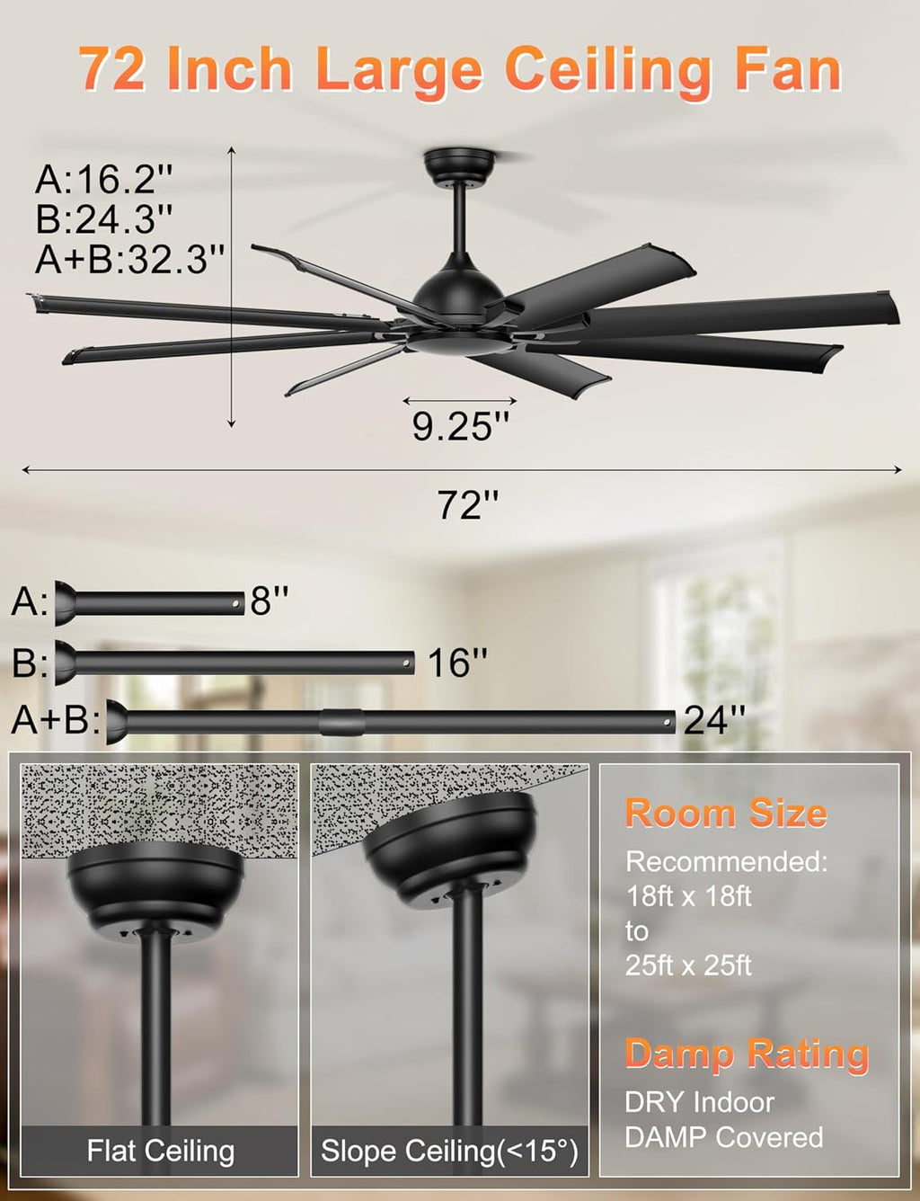 Ohniyou 72 Inch Ceiling Fan No Light - Remote & APP Control, Large Industrial Ceiling Fans with 8 Aluminum Blades, Quiet DC Motor for Living Room, Covered Outdoor, Shop, Garage, Black without Light