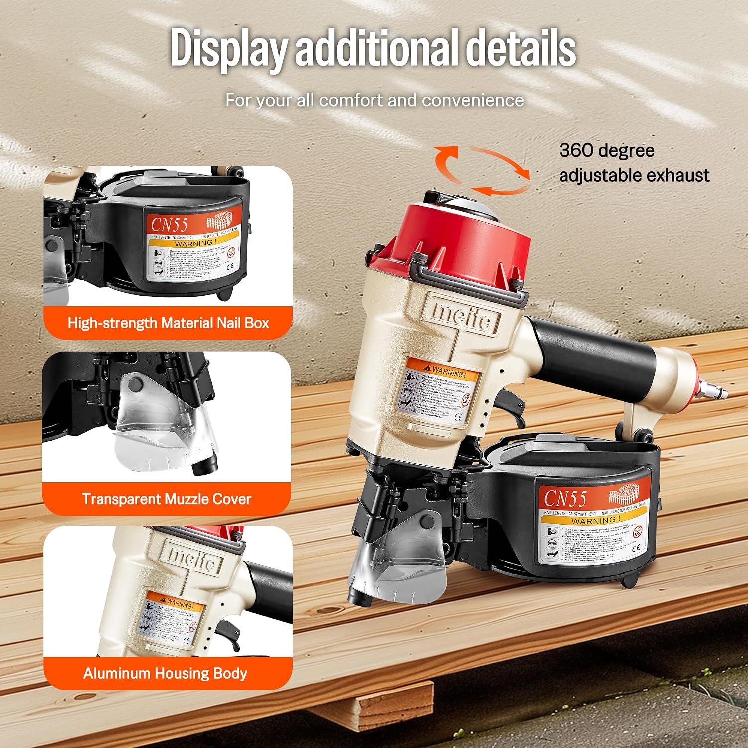 meite CN55 Pneumatic Coil Nailer with 15 Degree Siding Nails 2' × .099'' - Air Coil Nail Gun with 400PCS Magazine, 360° Adjustable Exhaust for Framing Sheathing Pallets Hardwood Projects