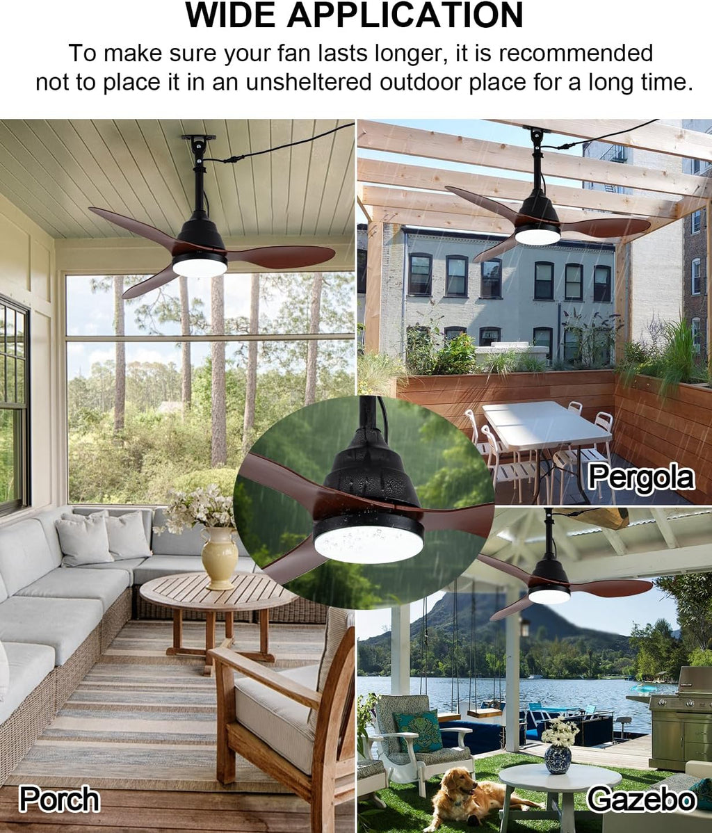 42' Outdoor Ceiling Fan with Light and Remote Control,Quiet DC Motor,3CCT 6-Speed,Plug-in Cord Hook Installation,IP65 Waterproof Gazebo Ceiling Fan with Light for Patios, Pergola, Canopy