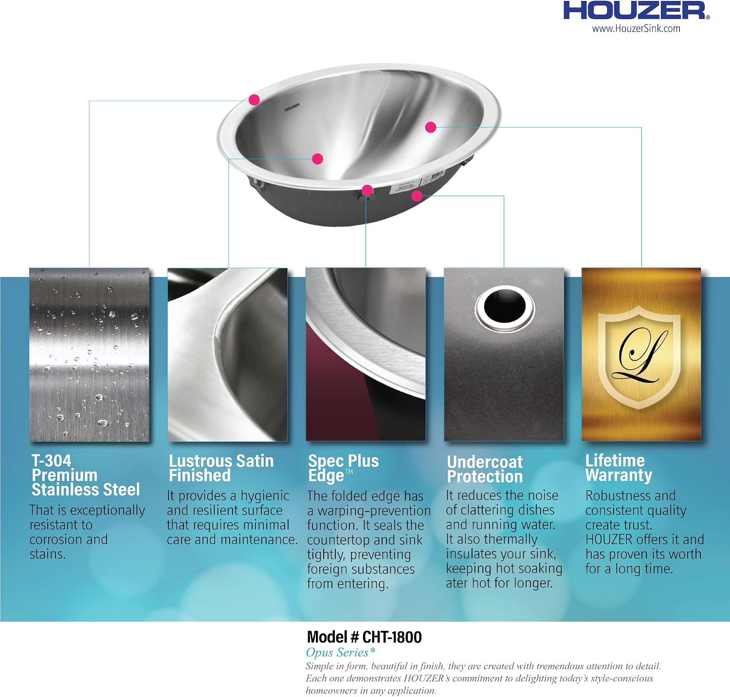 Houzer Opus Stainless Steel Bathroom Sink - 18 inch Undermount Oval Bowl Bathroom Sink without Overflow, Durable & Versatile, Essential for Home & Apartment, Nested 10-Pack - CH-1800-10