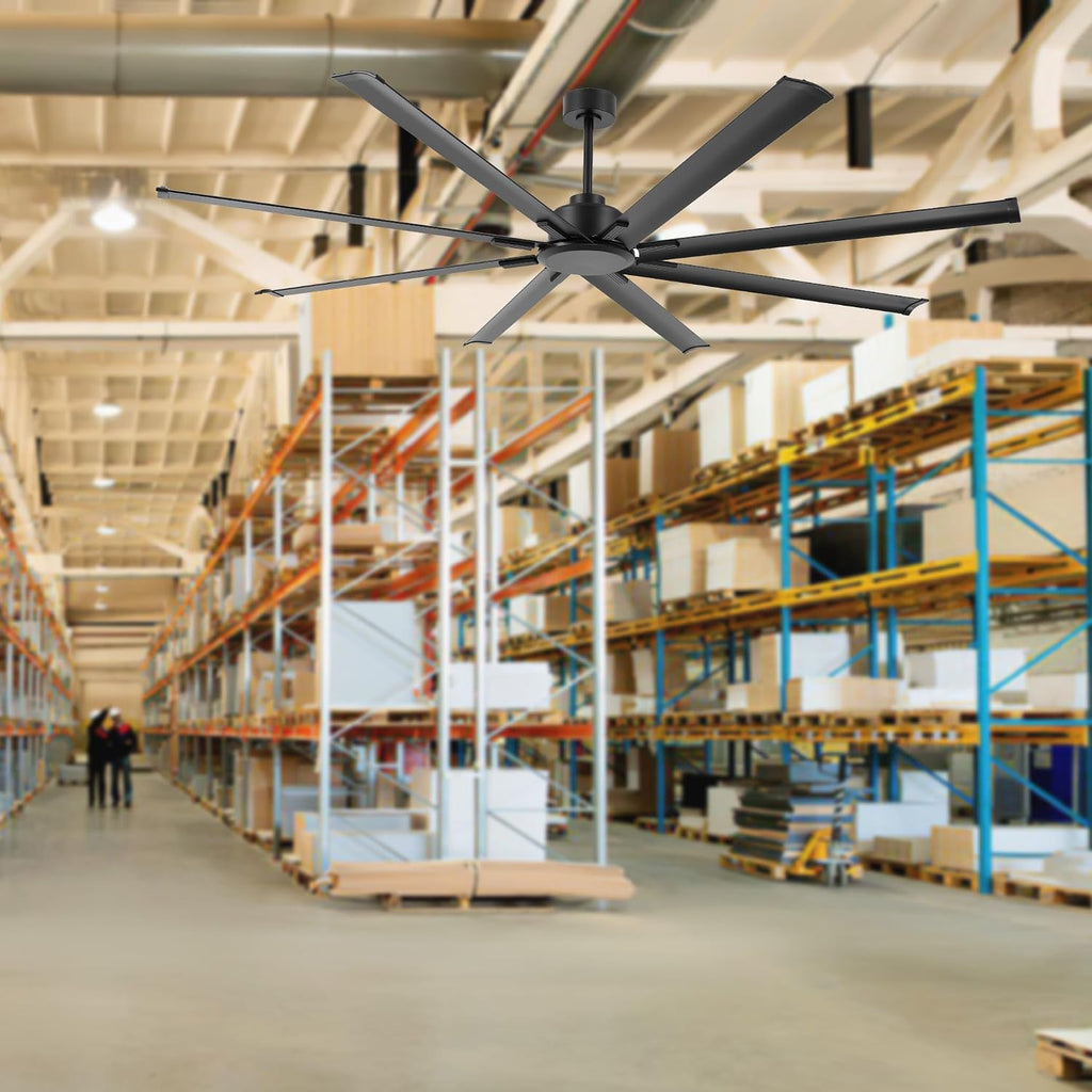 LEDLUX 84' Ceiling Fan No Light, Reversible DC Motor, 6 Speed Remote Control, Industrial 8 Aluminum Blades with 3 Downrods for Home or Commercial, Living Room/Warehouse Black