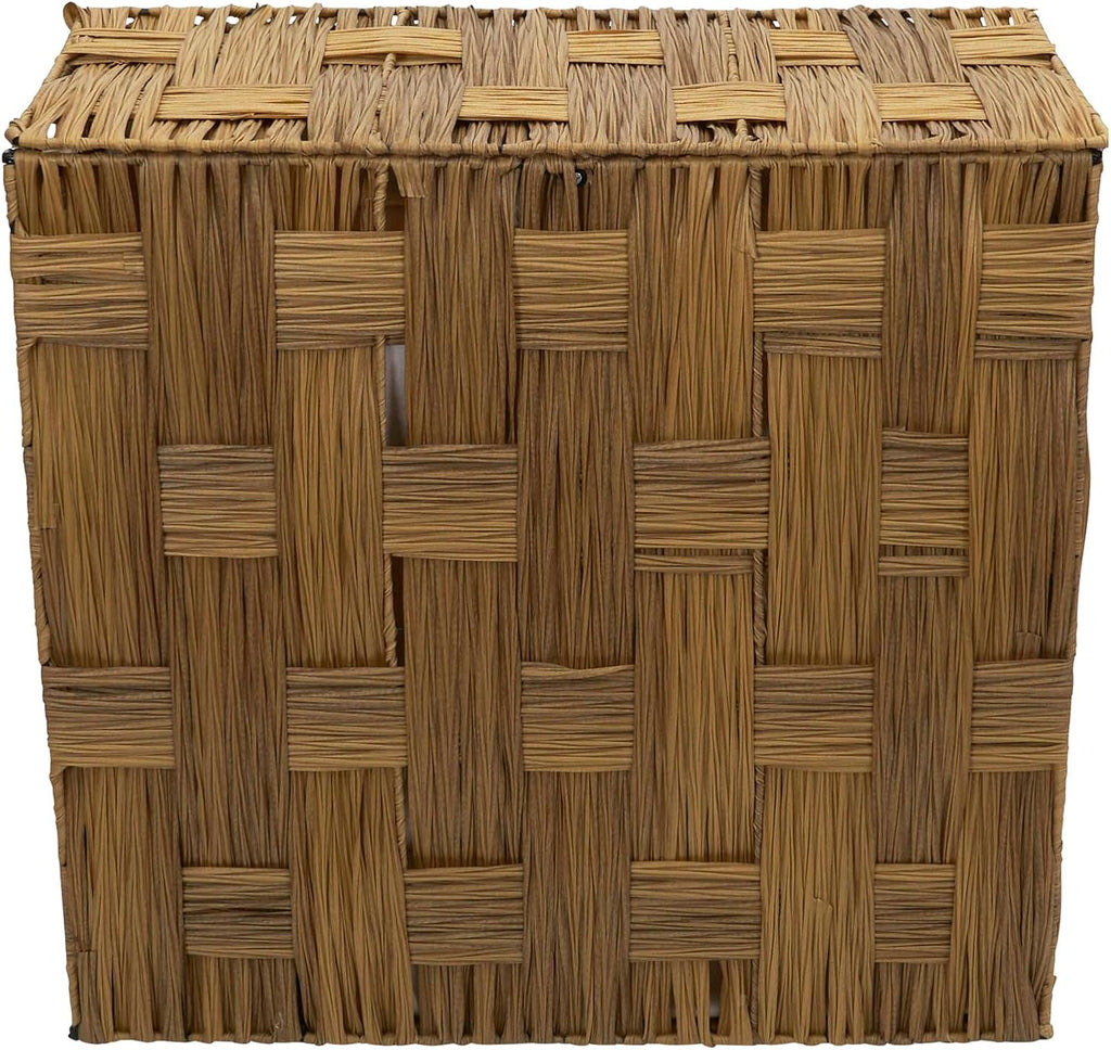 Household Essentials Woven Double Hamper, Natural Resin Weave, Strong Metal Frame, Washable Poly-Cotton Liners with Wooden Dowels, Moisture-Resistant, Easy to Assemble