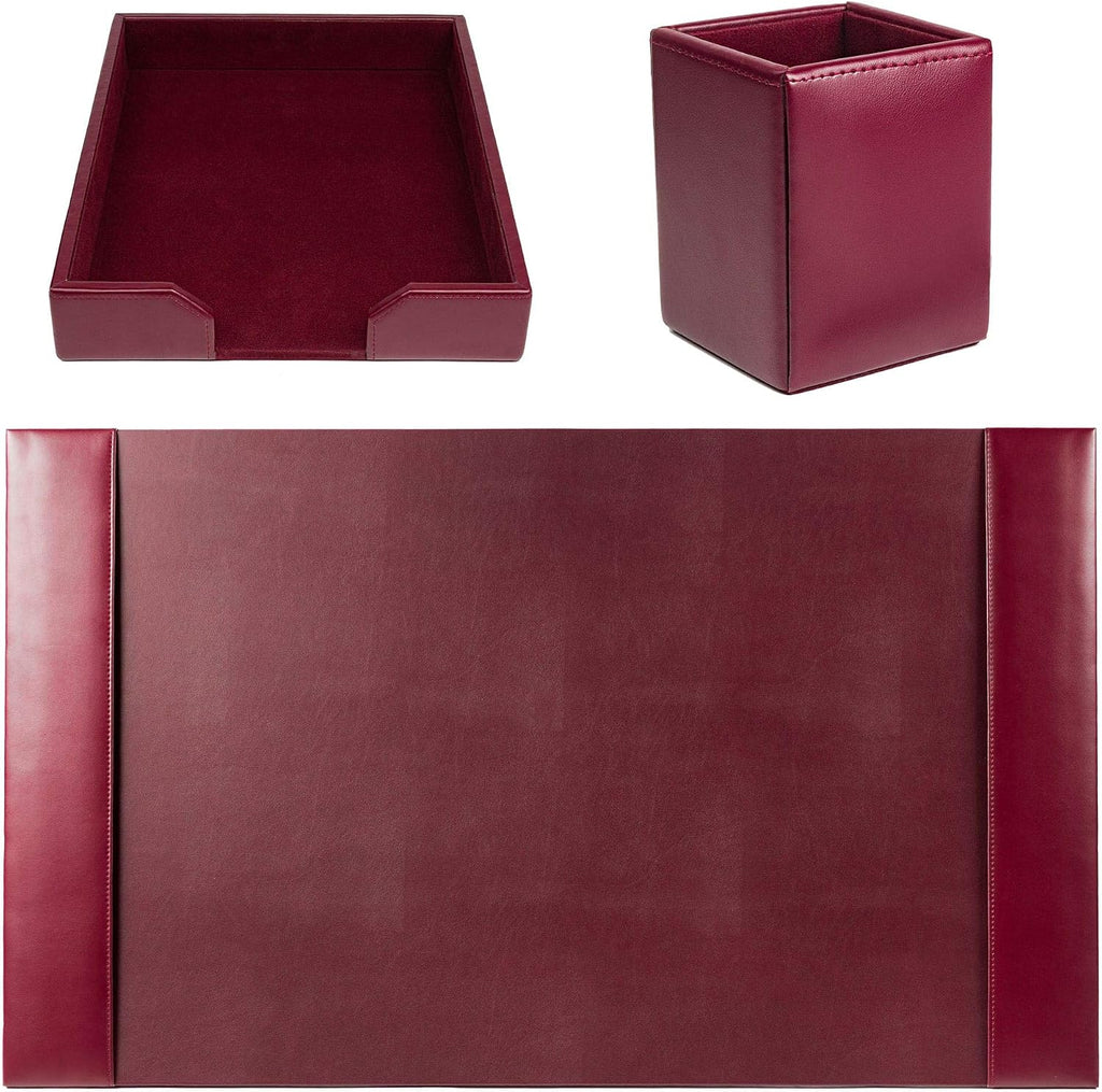 DACASSO Bonded Leather Desk Set - Luxury Leather Desk Pad & Desk Organization Essentials (Burgundy, 3 Piece)