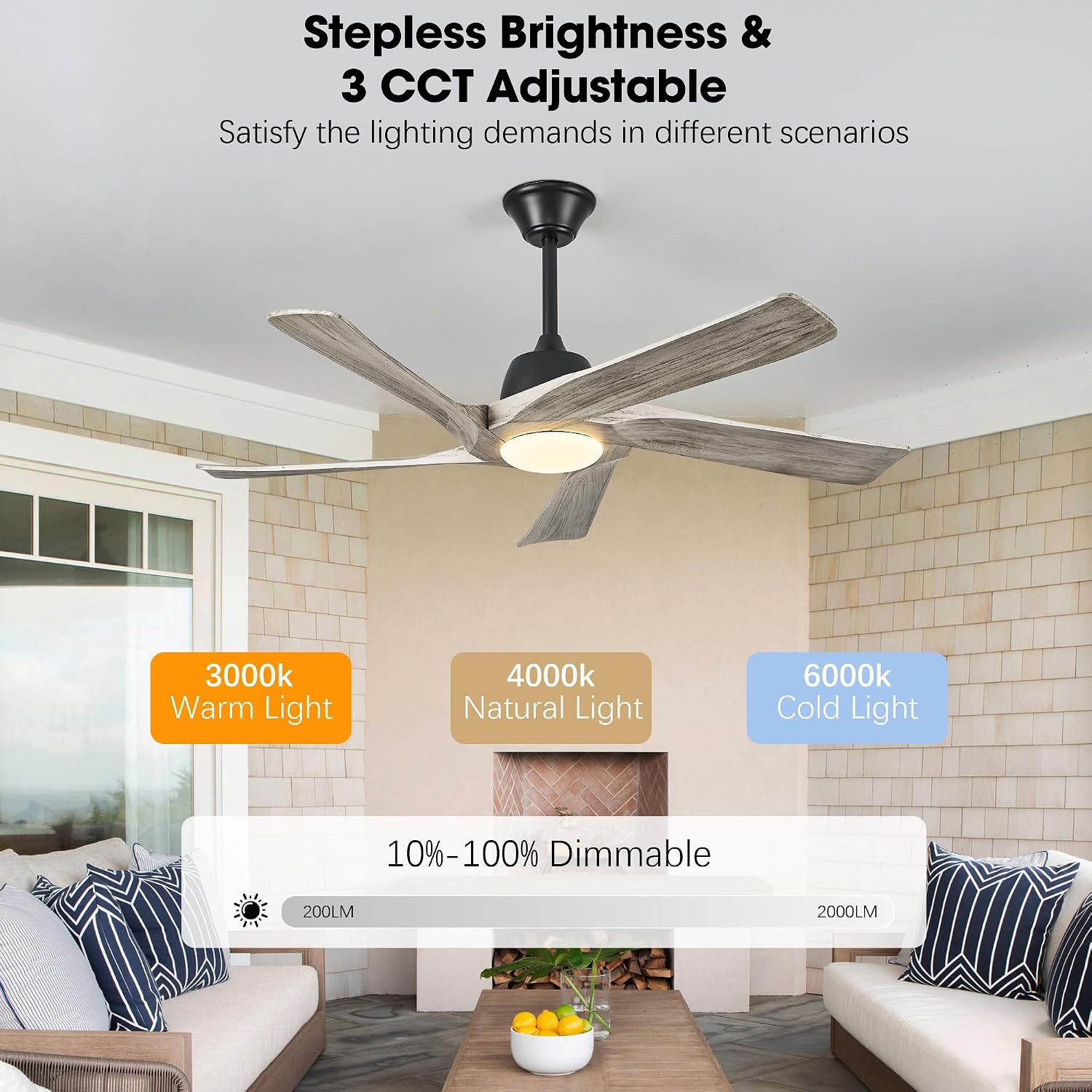 52 Inch Solid Wood Ceiling Fan with Lights, Remote and APP Control, 3-color Dimmable LED, DC Motor, 6-speed Reversible, Modern Ceiling Fans for Bedroom, Living Room, Greywood