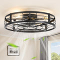 LEDIARY 26' Caged Ceiling Fan with Light and Remote, Low Profile Flush Mount Fandelier, Black Bladeless Enclosed Small Fan Lights Ceiling Fixtures, Rustic Farmhouse Style for Bedroom, Outdoor