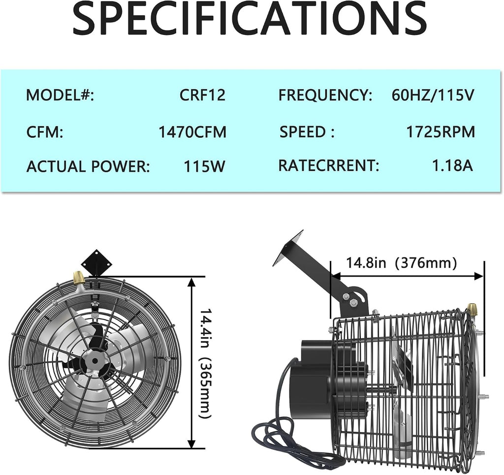 Greenhouse Air Circulation Fan with Mist and Water Pipe 1/10 HP 115V Ceiling Wall Mount Fan High Speed Circulation for Greenhouse, Warehouse, Patio, Garage 1470CFM, 15000BTU, ETL Listed