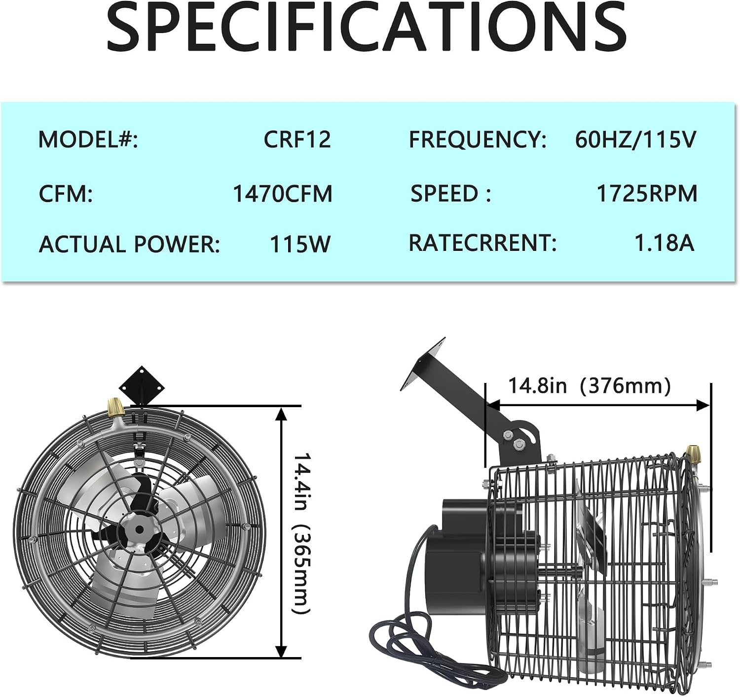 Greenhouse Air Circulation Fan with Mist and Water Pipe 1/10 HP 115V Ceiling Wall Mount Fan High Speed Circulation for Greenhouse, Warehouse, Patio, Garage 1470CFM, 15000BTU, ETL Listed