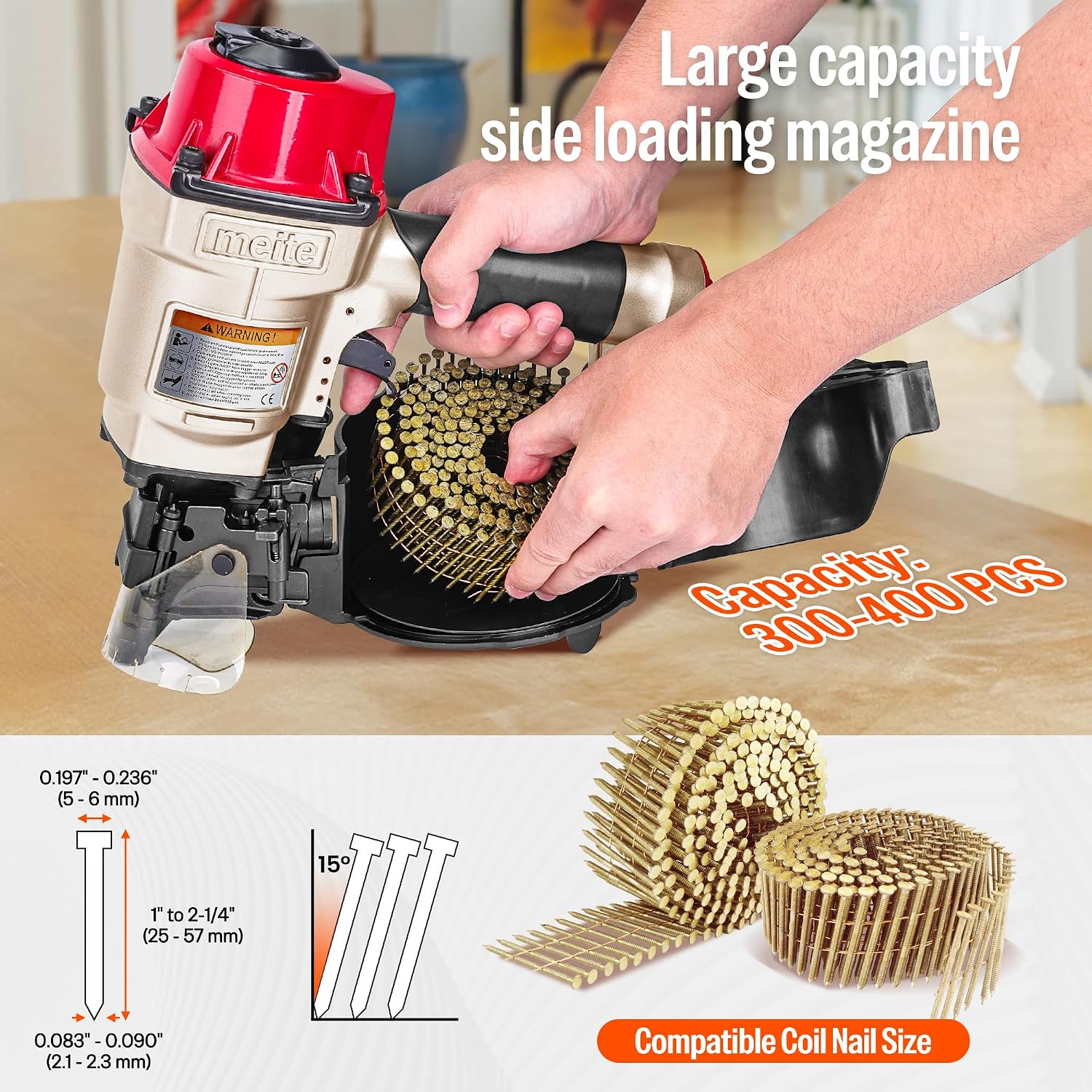meite CN55 Pneumatic Coil Nailer with 15 Degree Siding Nails 2' × .099'' - Air Coil Nail Gun with 400PCS Magazine, 360° Adjustable Exhaust for Framing Sheathing Pallets Hardwood Projects