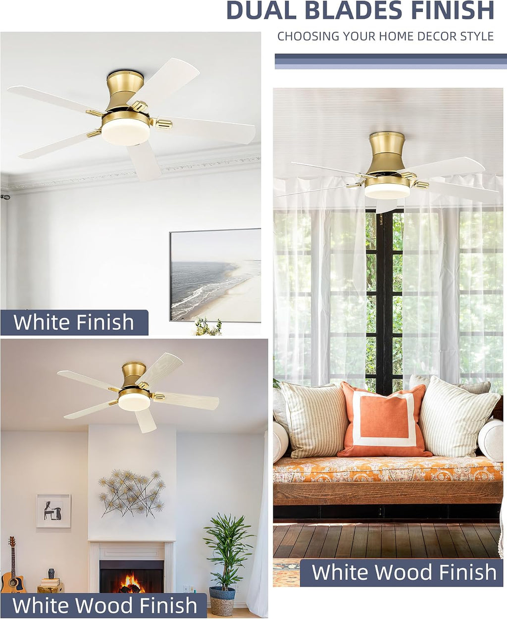 YOUKAIN Ceiling Fans with Lights, 52 inch Low Profile Ceiling fan with Remote Control and App Control, Flush Mount, Reversible, Dimmable, Gold Ceiling Fan for Bedroom, Indoor/Outdoor Use, 52-YJ865-GD