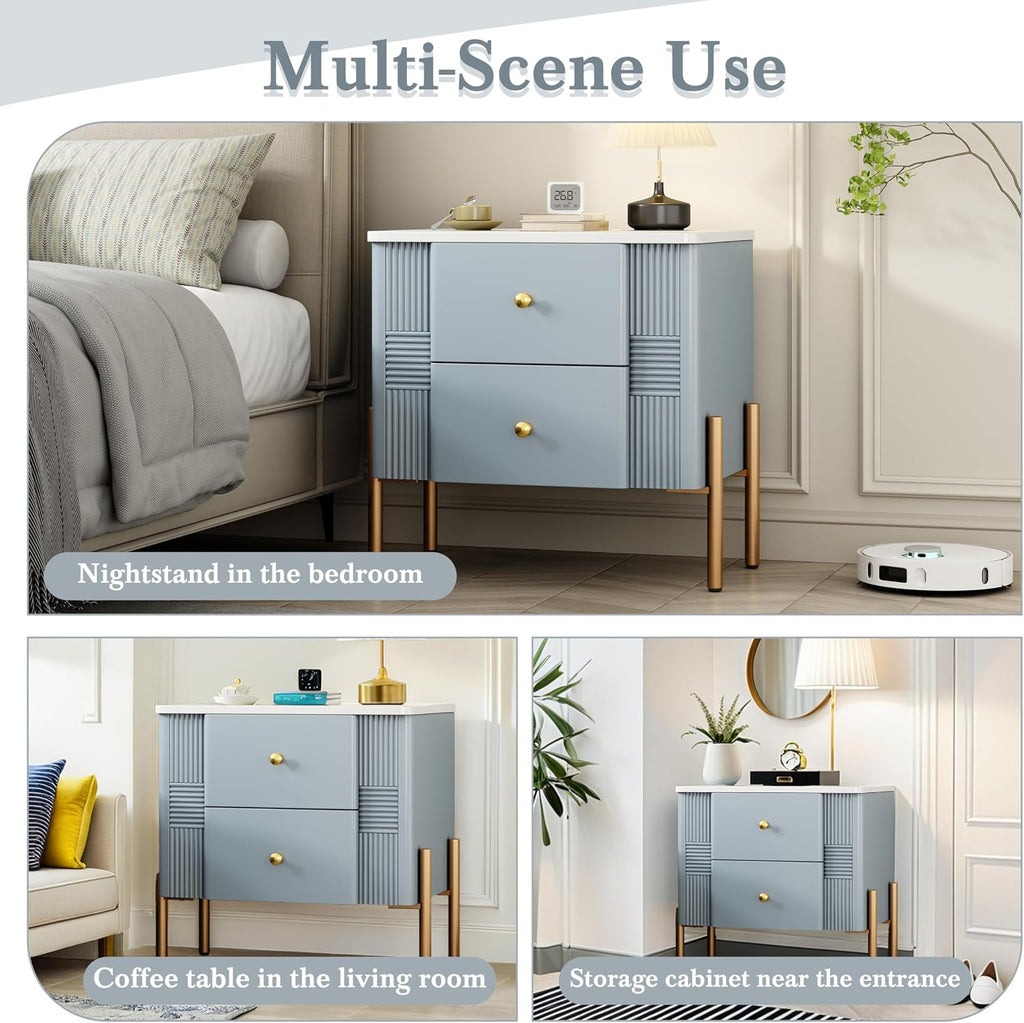 Christopher Knight Home Canyon Modern Nightstand with Golden Metal Handles and Legs, Bedside Table/End Table for Bedroom/Living Room, Multipurpose Storage Cabinet with 2 Drawers, Blue