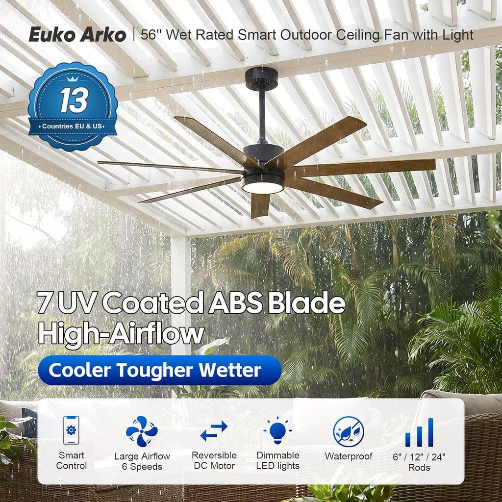 56 Inch Wet Rated Outdoor Ceiling Fan with Light, Waterproof All Weather 7 Brown Blades, Smart App/Voice/Remote Control, High CFM Quiet DC Motor & UV Coating, for Exterior Patios, Gazebo Porch Pergola