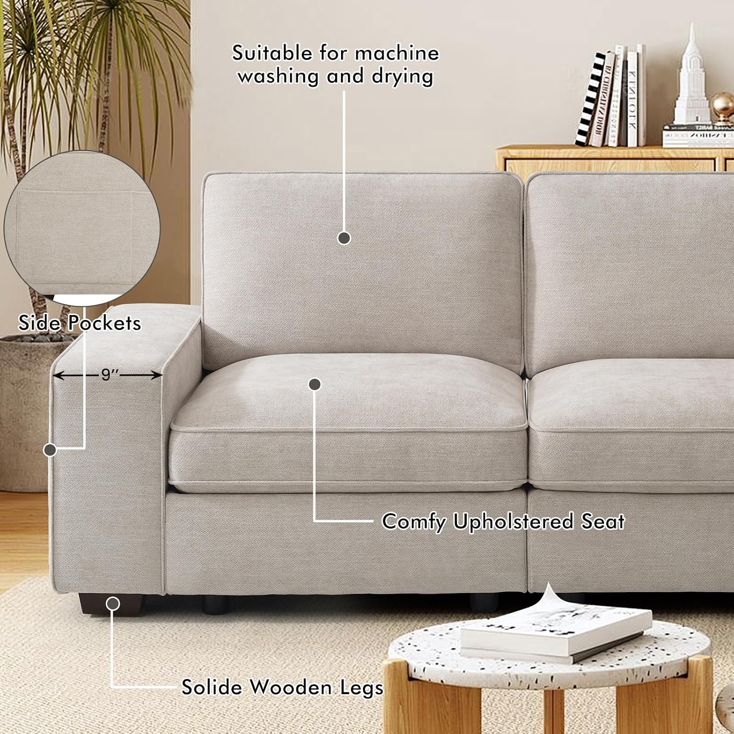 TEKAMON 100' Modular Sectional Sofa with Seats Storage, L Shaped Couch with Movable Ottoman for Living Room, Couch with Chaise, Solid Wood Frame, Spring Cushions, USB Port, Removable Covers, Beige