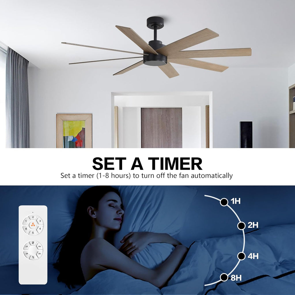 WINGBO 60' Large DC Ceiling Fans without Lights, 3 Downrods, 8 Plywood Blades, 6-Speeds Reversible DC Motor, Indoor Ceiling Fan No Lights for Bedroom Living Room Patio, Black and Gray