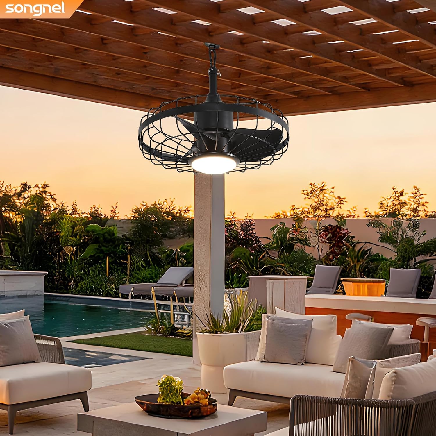 20' Outdoor Ceiling Fan with Lights,Waterproof Hanging Fan with Remote Control, Plug in Caged Ceiling Fan with 6-Speeds(Black)