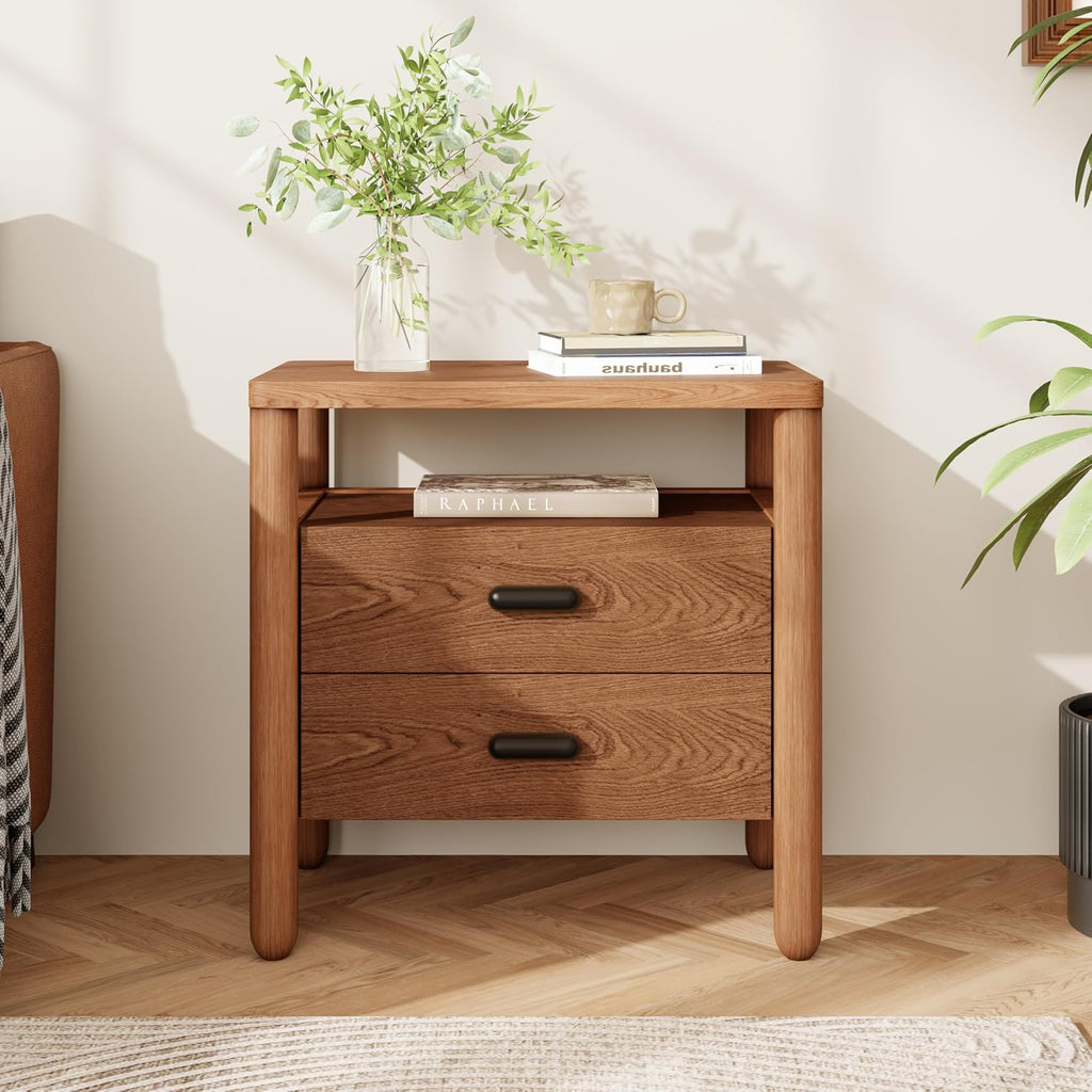 Christopher Knight Home Delwyn Modern Nightstand, Wooden Small Night Stand with Drawers and Open Storage Shelf, Bedside Table/End Table with Rounded Legs, Multipurpose Storage Cabinet, Brown