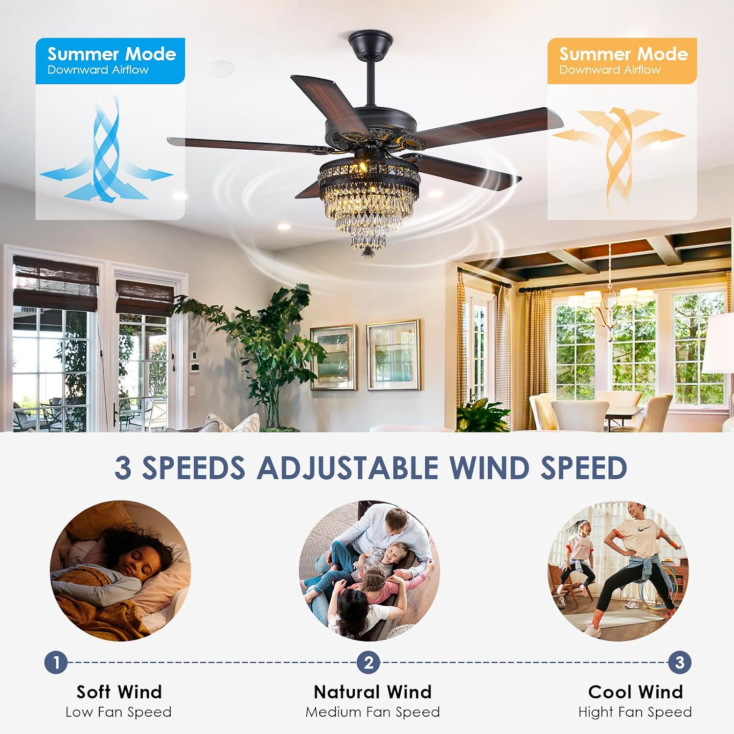 Asyko 50' Crystal Ceiling Fan Fandelier with Lights - Modern Black Chandelier Fans with Remote Control，Noiseless AC Motor, Retro/Farmhouse Lighting, Dining Room，Living Room