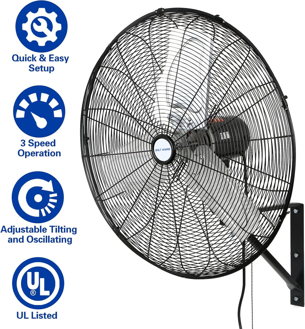 BILT HARD 6500 CFM 24in. High Velocity Industrial Wall Mounted Fan, 3-Speed Oscillating Heavy Duty Air Circulator for Commercial Use, Garage, Warehouse, Factory and Jobsite, 2 Pack