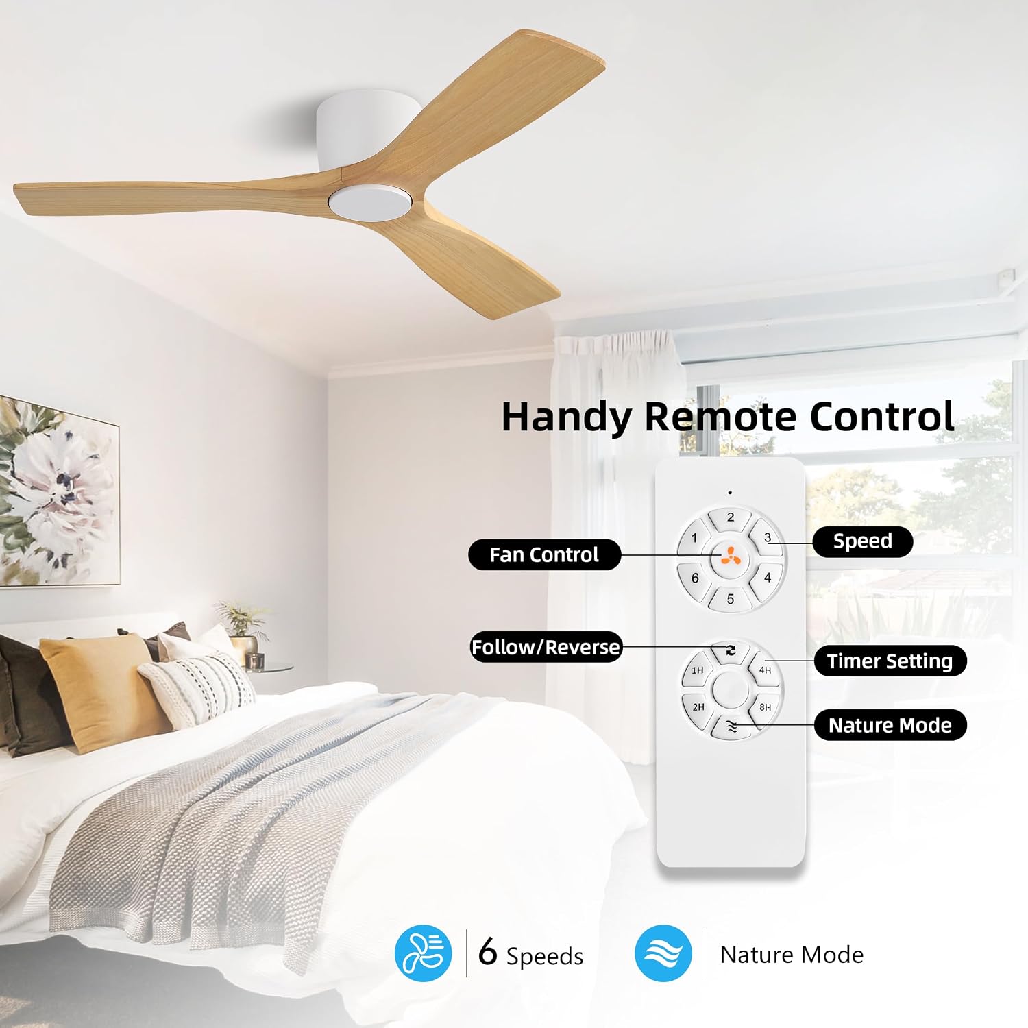 WINGBO 48 Inch Flush Mount DC Ceiling Fan without Lights, 3 Carved Wood Blades, 6-Speed Noiseless Reversible DC Motor, Hugger Ceiling Fan No Lights in White Finish with Oak Blades, ETL Listed